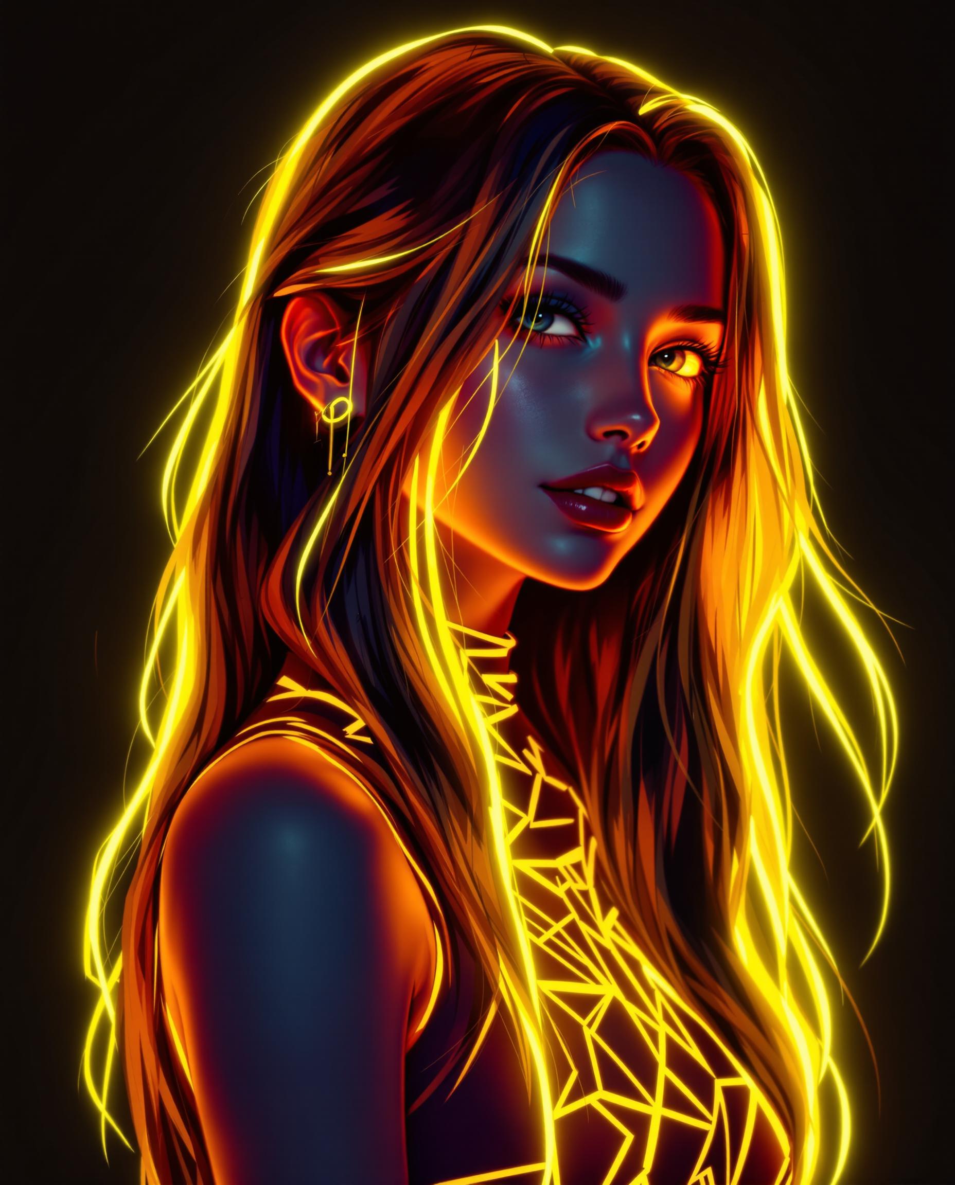 This is a realistic photo (photograph) of a female real person digital illustration that features a character with a striking neon aesthetic. The medium appears to be digital painting, as evidenced by the smooth blending of colors and the lack of texture that one might find in traditional mediums.The colors in the image are vibrant and bold, with a predominance of yellows and oranges that give off a warm, energetic glow. These colors are used to highlight the characters hair and clothing, which are both adorned with neon accents. The neon effect is achieved through a combination of gradients and outlines, creating a threedimensional effect that stands out against the dark background.The character is depicted with long, flowing hair that cascades down her back. The hair strands are detailed with neon highlights that follow the natural flow of the hair, giving it a sense of movement. The neon effect is also applied to the characters clothing, which appears to be a sleeveless top with a geometric pattern that matches the neon outlines of her hair.The background is dark, which serves to accentuate the brightness of the neon colors. There are no other objects or characters in the image, focusing the viewers attention solely on the character and her glowing appearance.