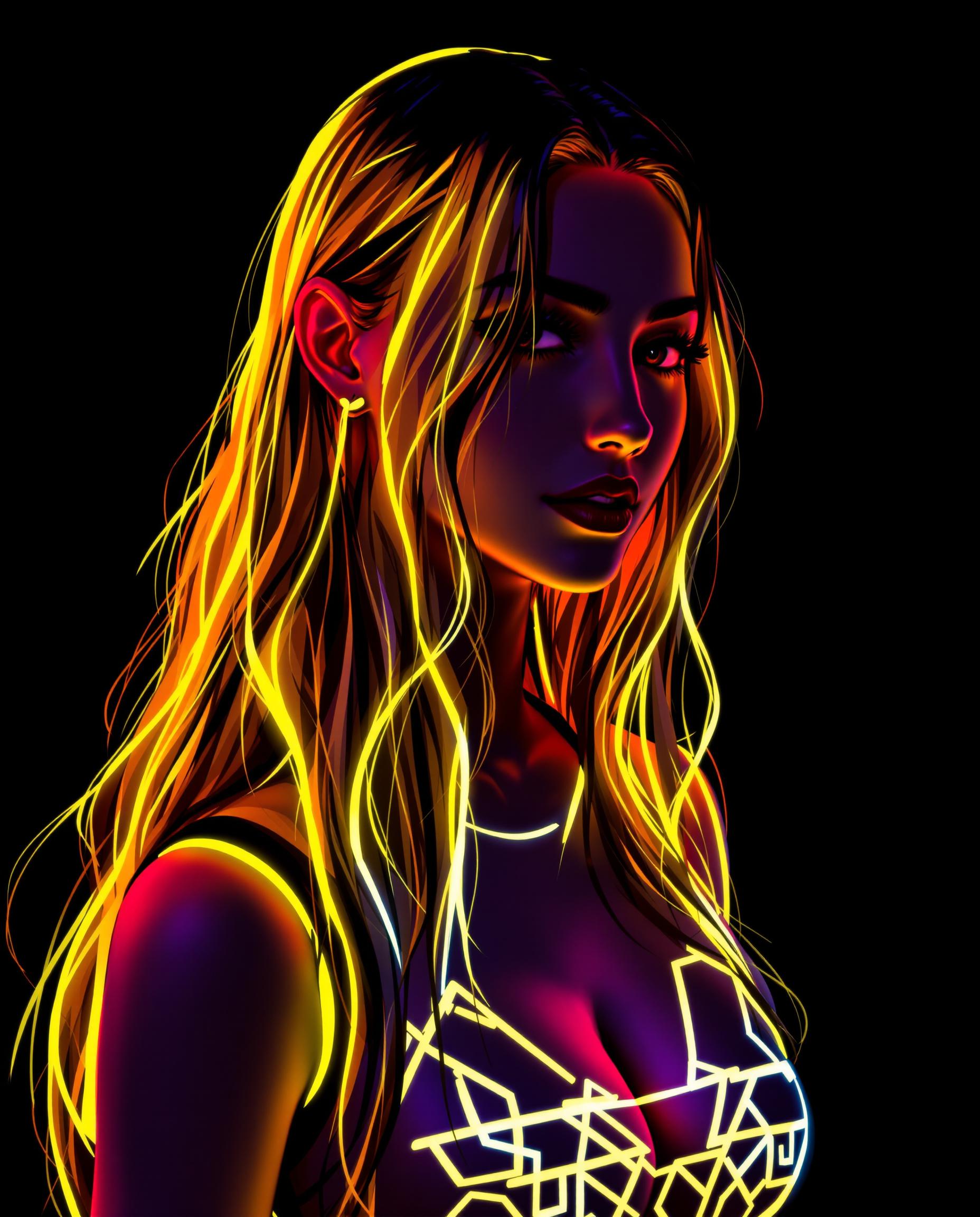 This is a realistic photo (photograph) of a female real person digital illustration that features a character with a striking neon aesthetic. The medium appears to be digital painting, as evidenced by the smooth blending of colors and the lack of texture that one might find in traditional mediums.The colors in the image are vibrant and bold, with a predominance of yellows and oranges that give off a warm, energetic glow. These colors are used to highlight the characters hair and clothing, which are both adorned with neon accents. The neon effect is achieved through a combination of gradients and outlines, creating a threedimensional effect that stands out against the dark background.The character is depicted with long, flowing hair that cascades down her back. The hair strands are detailed with neon highlights that follow the natural flow of the hair, giving it a sense of movement. The neon effect is also applied to the characters clothing, which appears to be a sleeveless top with a geometric pattern that matches the neon outlines of her hair.The background is dark, which serves to accentuate the brightness of the neon colors. There are no other objects or characters in the image, focusing the viewers attention solely on the character and her glowing appearance.