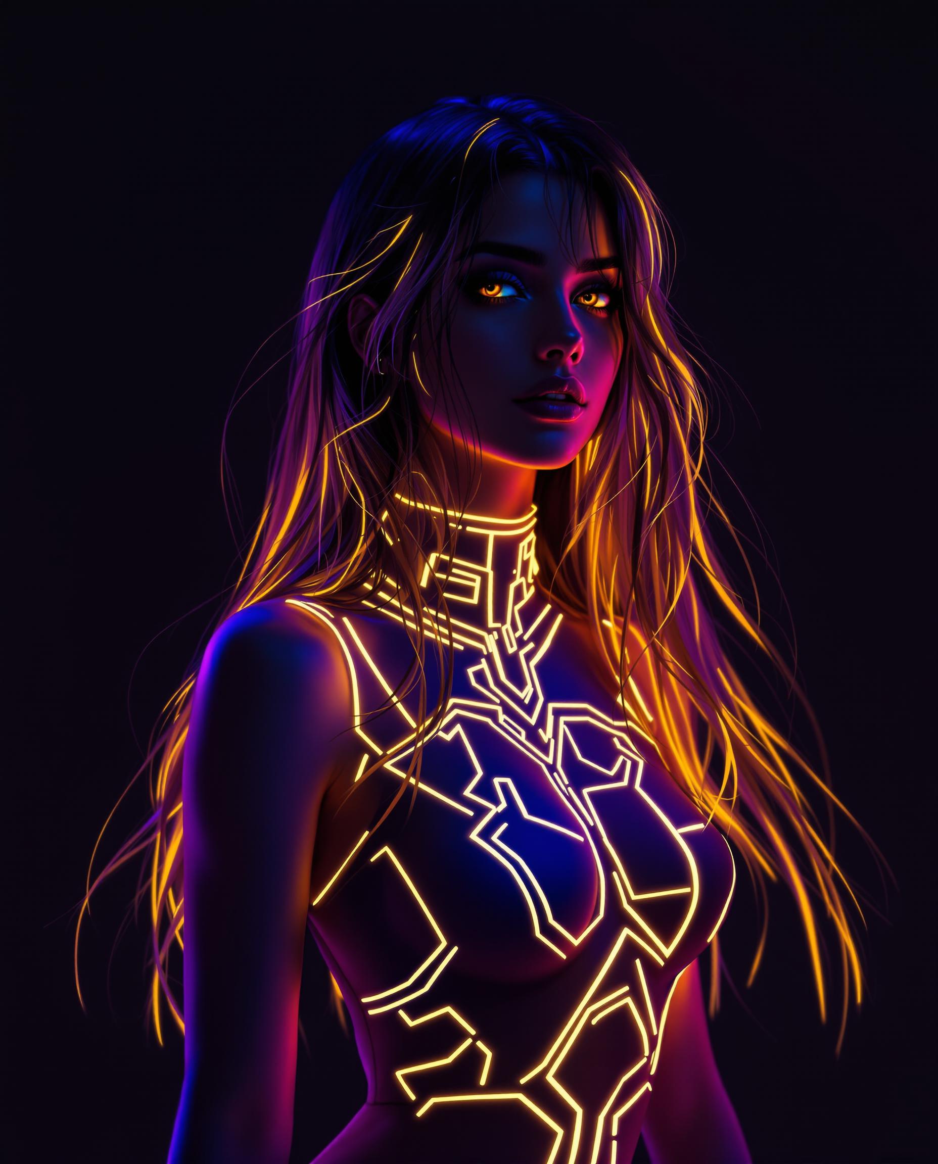 A stunning digital painting of a female character with a striking neon aesthetic, captured in a photorealistic style as if taken with a DSLR camera using a 50 mm lens for a shallow depth of field. Her long, flowing hair cascades down her back, detailed with vibrant neon highlights in yellows and oranges, creating a warm, energetic glow against a dark, minimalist background. Her sleeveless top features geometric patterns with matching neon outlines, enhancing the three-dimensional effect and dynamic sense of movement under cinematic lighting in 8K detail.