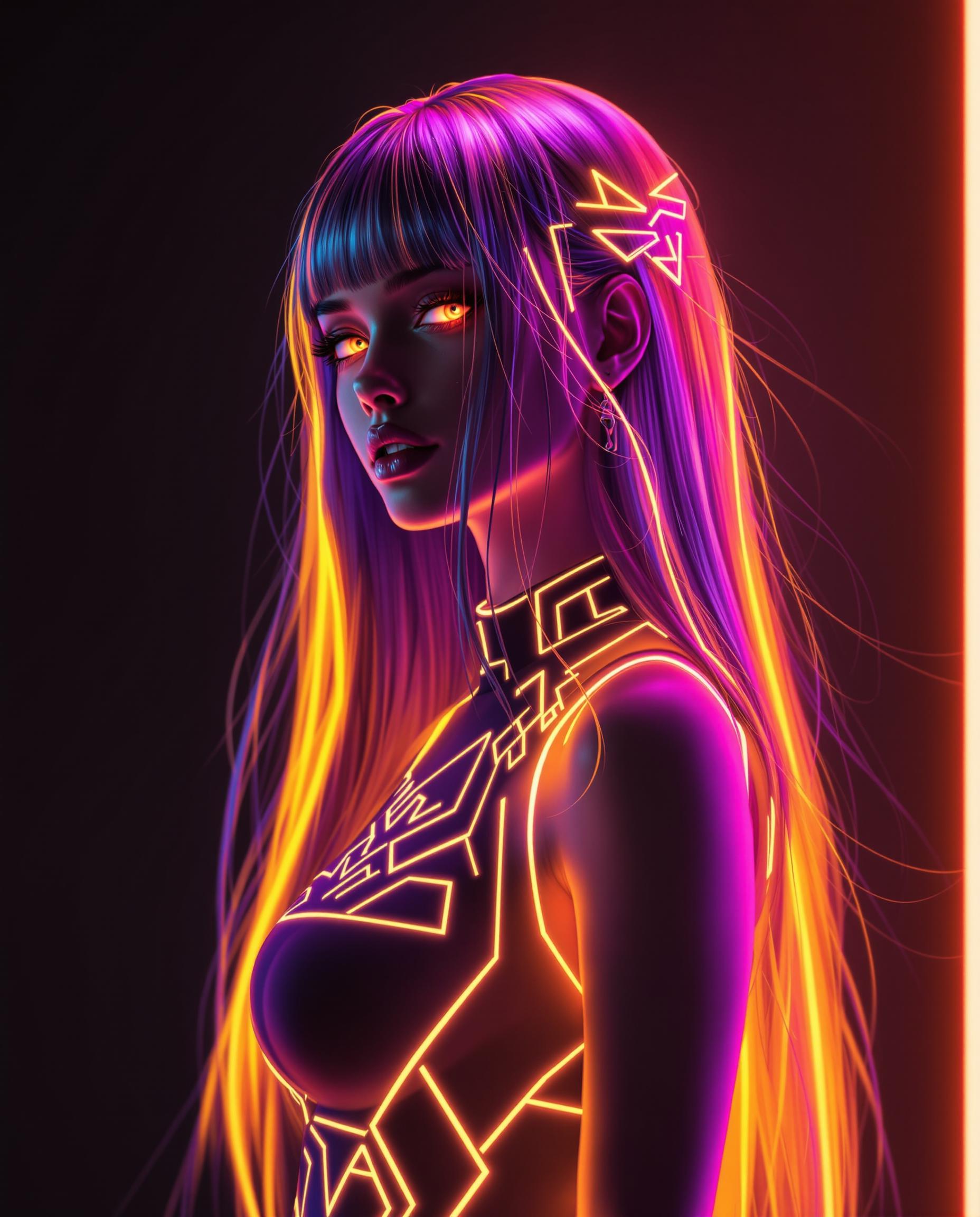 A stunning digital painting of a female character with a striking neon aesthetic, captured in a photorealistic style as if taken with a DSLR camera using a 50 mm lens for a shallow depth of field. Her long, flowing hair cascades down her back, detailed with vibrant neon highlights in yellows and oranges, creating a warm, energetic glow against a dark, minimalist background. Her sleeveless top features geometric patterns with matching neon outlines, enhancing the three-dimensional effect and dynamic sense of movement under cinematic lighting in 8K detail.