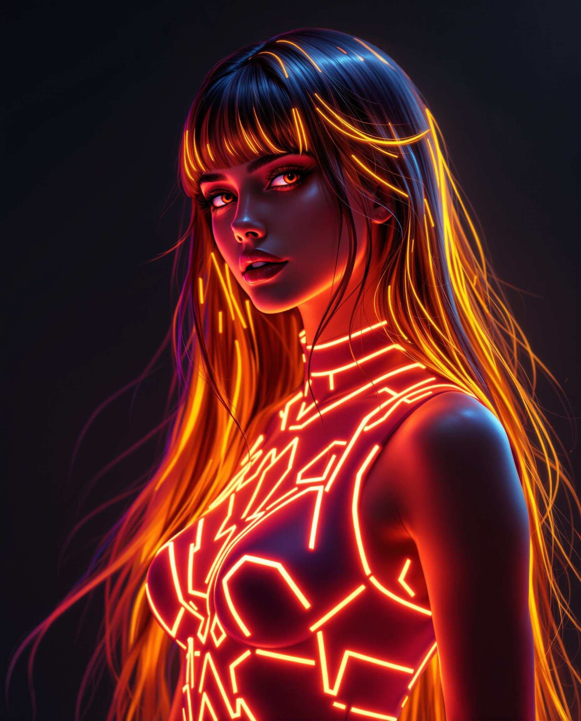 A stunning digital painting of a female character with a striking neon aesthetic, captured in a photorealistic style as if taken with a DSLR camera using a 50 mm lens for a shallow depth of field. Her long, flowing hair cascades down her back, detailed with vibrant neon highlights in yellows and oranges, creating a warm, energetic glow against a dark, minimalist background. Her sleeveless top features geometric patterns with matching neon outlines, enhancing the three-dimensional effect and dynamic sense of movement under cinematic lighting in 8K detail.