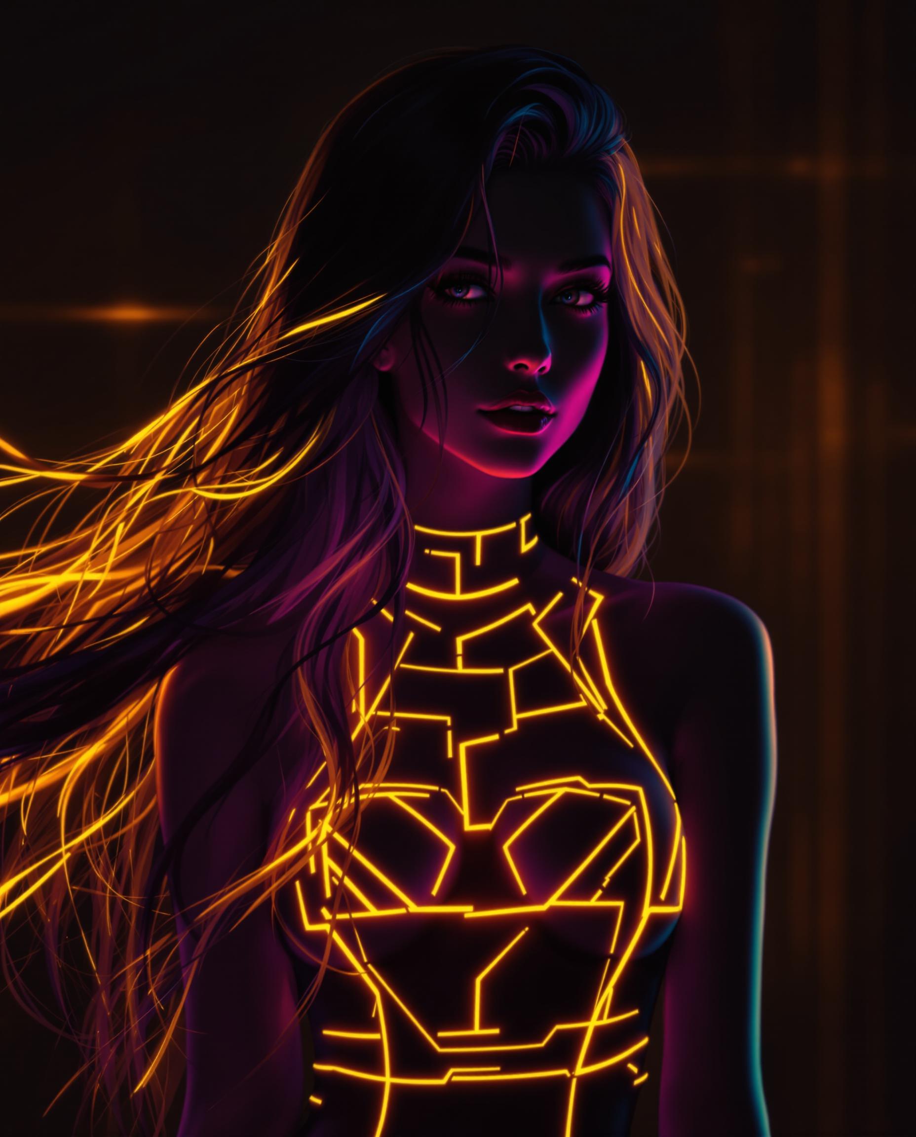 A stunning digital painting of a female character with a striking neon aesthetic, captured in a photorealistic style as if taken with a DSLR camera using a 50 mm lens for a shallow depth of field. Her long, flowing hair cascades down her back, detailed with vibrant neon highlights in yellows and oranges, creating a warm, energetic glow against a dark, minimalist background. Her sleeveless top features geometric patterns with matching neon outlines, enhancing the three-dimensional effect and dynamic sense of movement under cinematic lighting in 8K detail.
