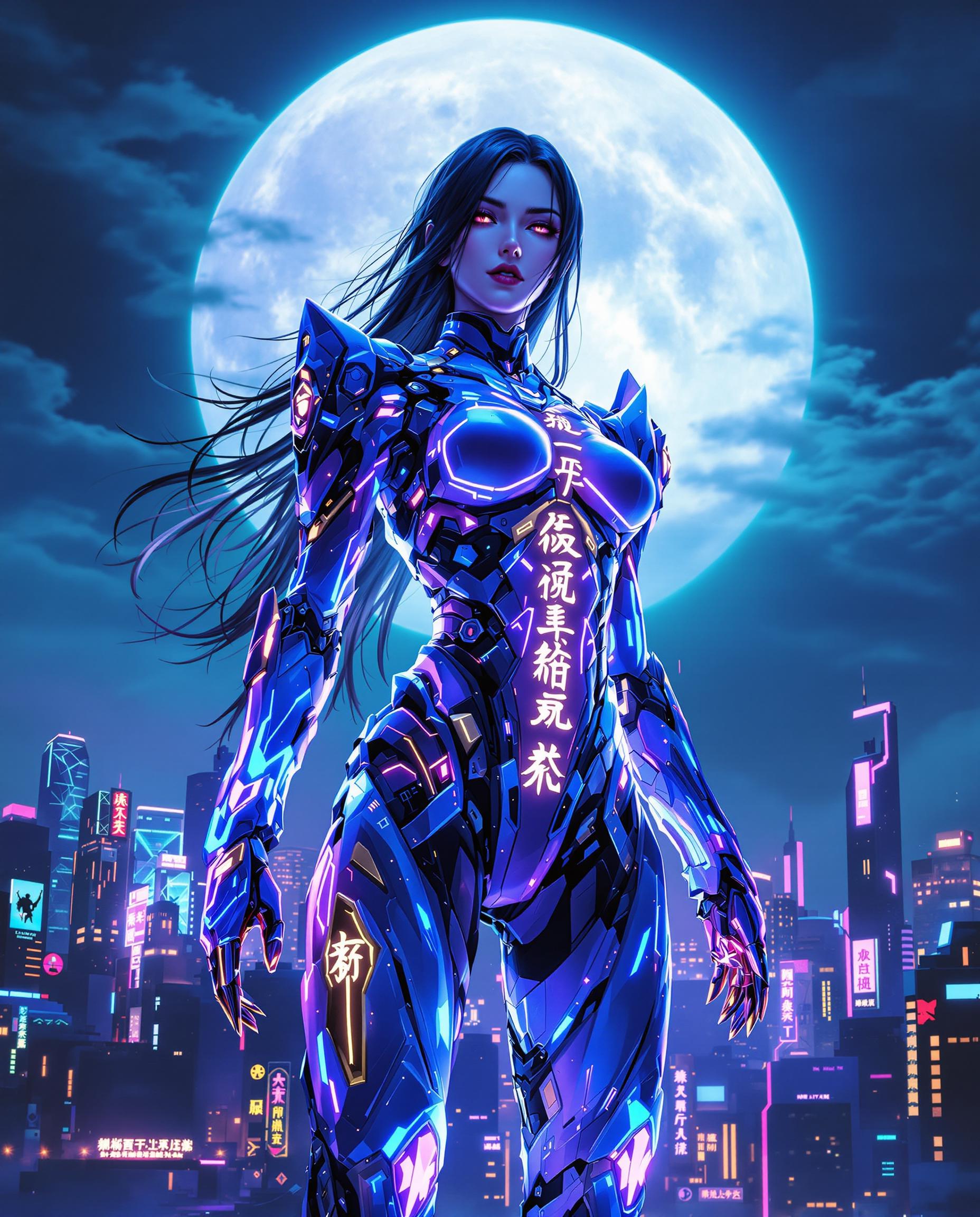 This image is a realistic photo (photograph) of a female real person digital artwork that presents a figure standing, against a backdrop of a large, luminous full moon and a cityscape at night. The figure is clad in a highly detailed, cybernetic suit that is rich in blues and purples, with neon accents that suggest a fusion of technology and organic elements. The suit is adorned with glowing Chinese characters, which add a layer of cultural significance to the piece. The suits design is intricate, with mechanical joints and segments that appear to be made of a translucent material, allowing the internal workings to be seen through. The figures hair is long and dark, flowing behind them, and they are holding what seem to be luminescent, daggerlike objects, which are also illuminated with neon lights. The cityscape behind the figure is a blend of futuristic and traditional architecture, with skyscrapers and neon signs that suggest a setting in a modern, possibly postmodern, urban environment. The sky is a deep blue, and the moon is a brilliant white, with a few wisps of clouds, giving the scene a sense of vastness and stillness. The overall art style is cyberpunk, with a strong emphasis on technology and urban life. The use of neon colors and the contrast between the organic and the mechanical elements of the figures suit contribute to the futuristic and somewhat dystopian feel of the piece. The medium appears to be digital painting, given the smooth gradients and the clarity of the details. The colors are rich and vibrant, with a strong emphasis on the blues and purples of the suit, the white of the moon, and the various neon hues that punctuate the scene. The objects in the image are the figures suit, the daggers, and the cityscape, all of which are rendered with great attention to detail and texture.