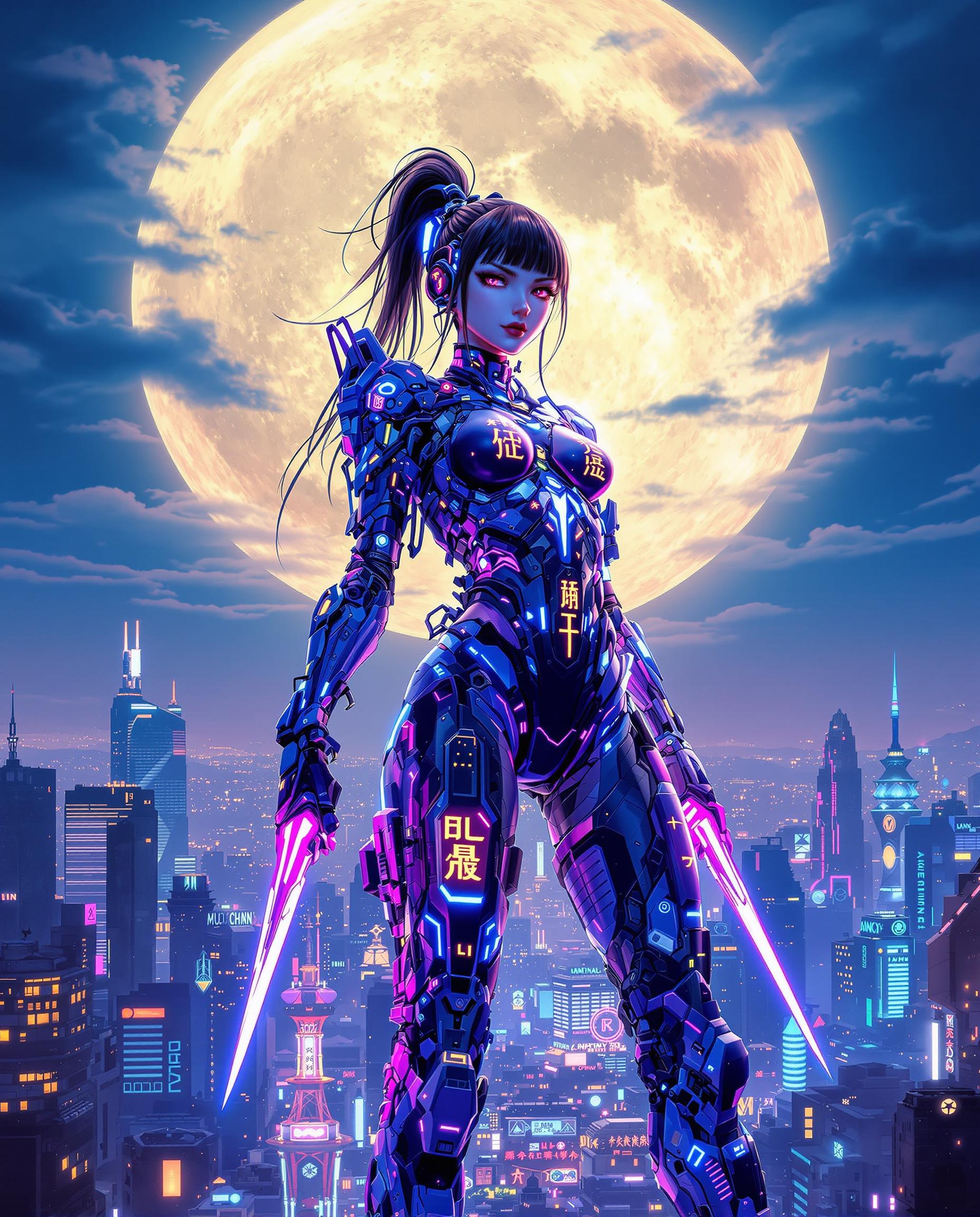 A striking cyberpunk digital painting of a female figure standing confidently against a vast night cityscape, illuminated by a luminous full moon in a deep blue sky with wispy clouds. She wears a highly detailed cybernetic suit in rich blues and purples with neon accents, featuring translucent segments revealing intricate mechanical joints, glowing Chinese characters, and a fusion of organic and technological elements, while holding luminescent, neon-lit dagger-like objects. The futuristic city below blends modern skyscrapers and traditional architecture with vibrant neon signs, captured in stunning clarity with smooth gradients and a vivid color palette.