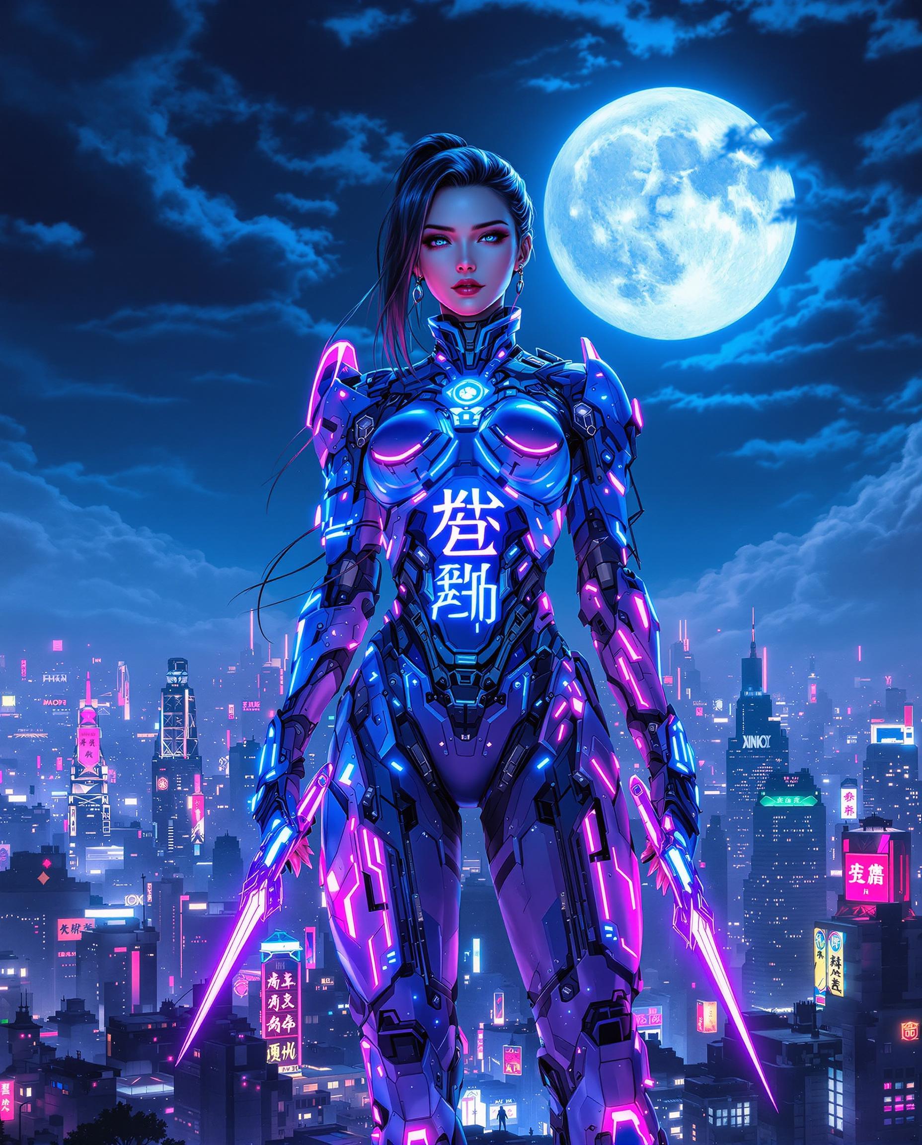 A striking cyberpunk digital painting of a female figure standing confidently against a vast night cityscape, illuminated by a luminous full moon in a deep blue sky with wispy clouds. She wears a highly detailed cybernetic suit in rich blues and purples with neon accents, featuring translucent segments revealing intricate mechanical joints, glowing Chinese characters, and a fusion of organic and technological elements, while holding luminescent, neon-lit dagger-like objects. The futuristic city below blends modern skyscrapers and traditional architecture with vibrant neon signs, captured in stunning clarity with smooth gradients and a vivid color palette.