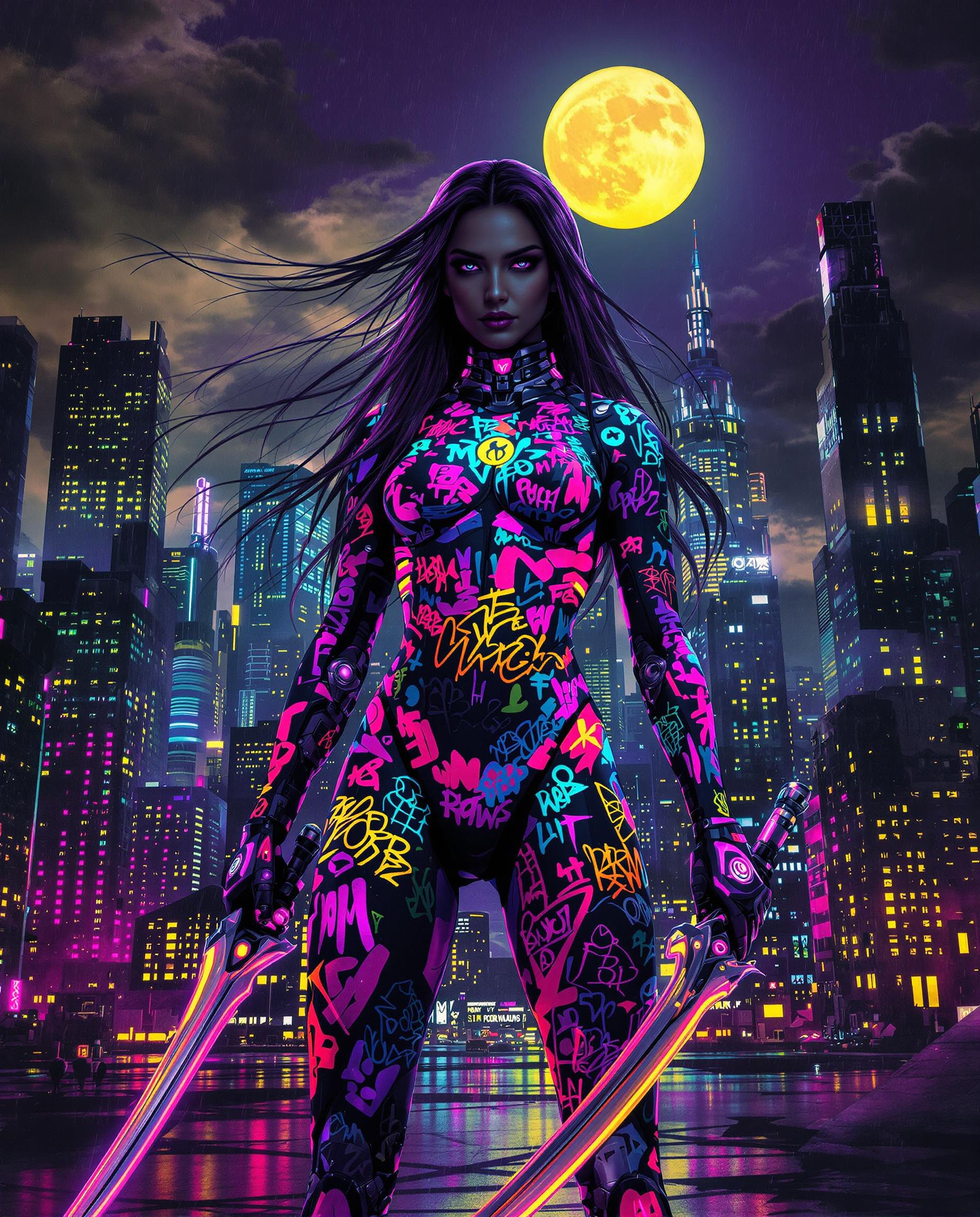 This image is a realistic photo (photograph) of a female real person digital artwork that captures a figure, against a futuristic cityscape under a large, full moon. The art style is cyberpunk, characterized by its blend of technology, urban decay, and neon colors. The medium appears to be digital painting, given the smooth gradients and seamless blending of colors.The figure is clad in a sleek, formfitting bodysuit that is a canvas for a kaleidoscope of graffiti tags and symbols, predominantly in bright neon hues of pink, blue, yellow, and green. The suit is detailed with mechanical elements, such as glowing circuitry and metallic joints, which give it a hightech, armored appearance. The figures long, flowing hair cascades down their back, adding a sense of movement and contrast to the otherwise rigid and structured suit.In their hands, the figure wields two curved swords with translucent, glowing edges, which seem to be made of a luminescent material. The swords are angled outward, ready for combat, and their light reflects off the wet surface of the city, creating a shimmering effect.The cityscape behind the figure is a dense cluster of skyscrapers, their windows aglow with neon lights in various colors, contributing to the overall vibrant and energetic atmosphere. The buildings are depicted with a sense of depth, with the tallest skyscrapers in the foreground and shorter buildings receding into the background. The moon is a large, yellow sphere, hanging centrally in the sky, casting a soft glow over the scene.The colors in the image are rich and saturated, with purples, blues, pinks, and yellows dominating the palette. There are also touches of black and white, which help to define the outlines of the figure and the cityscape. The interplay of light and shadow adds to the threedimensional quality of the scene, with the moonlight creating highlights on the figures suit and the citys buildings.Overall, the image exudes a sense of futuristic energy and urban dynamism, with a blend of hightech aesthetics and gritty urban life.