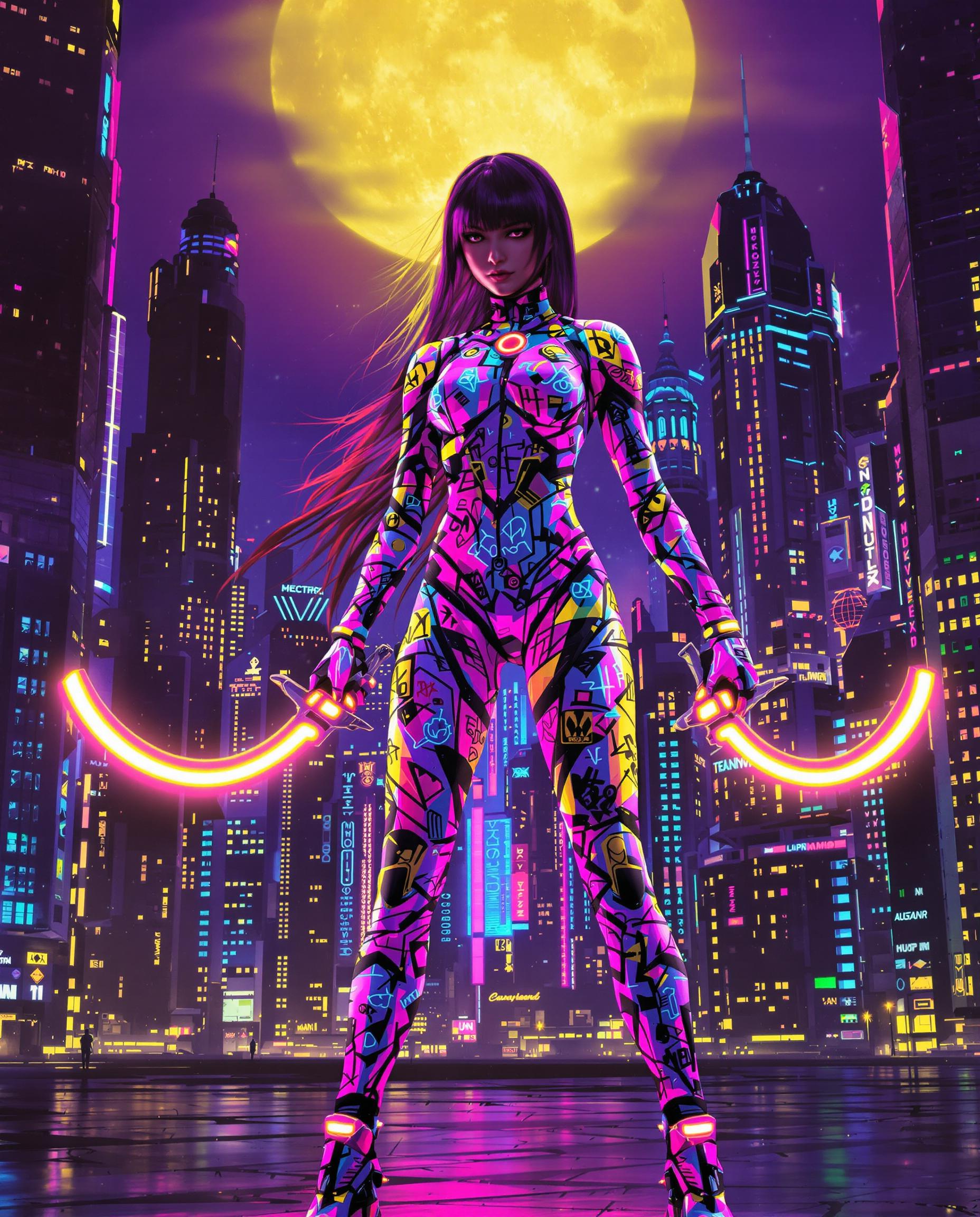 This image is a realistic photo (photograph) of a female real person digital artwork that captures a figure, against a futuristic cityscape under a large, full moon. The art style is cyberpunk, characterized by its blend of technology, urban decay, and neon colors. The medium appears to be digital painting, given the smooth gradients and seamless blending of colors.The figure is clad in a sleek, formfitting bodysuit that is a canvas for a kaleidoscope of graffiti tags and symbols, predominantly in bright neon hues of pink, blue, yellow, and green. The suit is detailed with mechanical elements, such as glowing circuitry and metallic joints, which give it a hightech, armored appearance. The figures long, flowing hair cascades down their back, adding a sense of movement and contrast to the otherwise rigid and structured suit.In their hands, the figure wields two curved swords with translucent, glowing edges, which seem to be made of a luminescent material. The swords are angled outward, ready for combat, and their light reflects off the wet surface of the city, creating a shimmering effect.The cityscape behind the figure is a dense cluster of skyscrapers, their windows aglow with neon lights in various colors, contributing to the overall vibrant and energetic atmosphere. The buildings are depicted with a sense of depth, with the tallest skyscrapers in the foreground and shorter buildings receding into the background. The moon is a large, yellow sphere, hanging centrally in the sky, casting a soft glow over the scene.The colors in the image are rich and saturated, with purples, blues, pinks, and yellows dominating the palette. There are also touches of black and white, which help to define the outlines of the figure and the cityscape. The interplay of light and shadow adds to the threedimensional quality of the scene, with the moonlight creating highlights on the figures suit and the citys buildings.Overall, the image exudes a sense of futuristic energy and urban dynamism, with a blend of hightech aesthetics and gritty urban life.