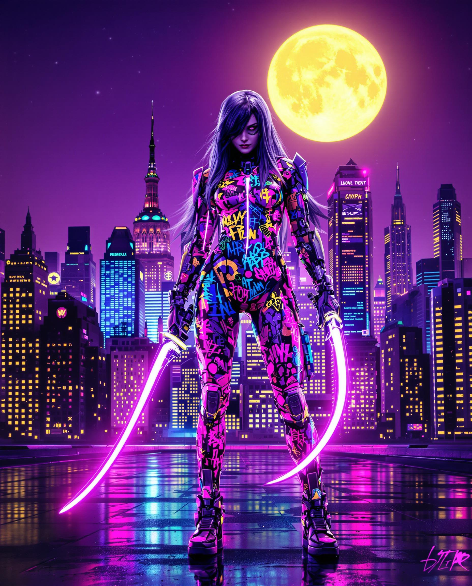 This image is a realistic photo (photograph) of a female real person digital artwork that captures a figure, against a futuristic cityscape under a large, full moon. The art style is cyberpunk, characterized by its blend of technology, urban decay, and neon colors. The medium appears to be digital painting, given the smooth gradients and seamless blending of colors.The figure is clad in a sleek, formfitting bodysuit that is a canvas for a kaleidoscope of graffiti tags and symbols, predominantly in bright neon hues of pink, blue, yellow, and green. The suit is detailed with mechanical elements, such as glowing circuitry and metallic joints, which give it a hightech, armored appearance. The figures long, flowing hair cascades down their back, adding a sense of movement and contrast to the otherwise rigid and structured suit.In their hands, the figure wields two curved swords with translucent, glowing edges, which seem to be made of a luminescent material. The swords are angled outward, ready for combat, and their light reflects off the wet surface of the city, creating a shimmering effect.The cityscape behind the figure is a dense cluster of skyscrapers, their windows aglow with neon lights in various colors, contributing to the overall vibrant and energetic atmosphere. The buildings are depicted with a sense of depth, with the tallest skyscrapers in the foreground and shorter buildings receding into the background. The moon is a large, yellow sphere, hanging centrally in the sky, casting a soft glow over the scene.The colors in the image are rich and saturated, with purples, blues, pinks, and yellows dominating the palette. There are also touches of black and white, which help to define the outlines of the figure and the cityscape. The interplay of light and shadow adds to the threedimensional quality of the scene, with the moonlight creating highlights on the figures suit and the citys buildings.Overall, the image exudes a sense of futuristic energy and urban dynamism, with a blend of hightech aesthetics and gritty urban life.