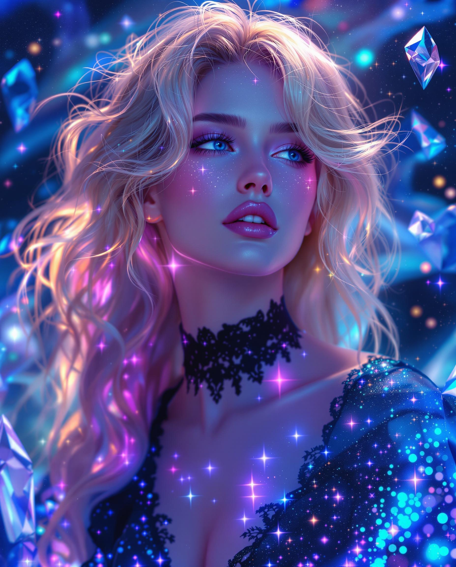 A stunning photorealistic portrait captures a stylized female figure in a digital painting, exuding an ethereal, dreamy aura with vibrant blues and purples dominating the color palette. Her luminous blonde hair gradients with glowing highlights, paired with a black lace choker and a dazzling galaxy-inspired garment adorned with shimmering specks of blue and pink, reflecting the night sky. The background swirls with depth, layered light and dark tones, and translucent crystal-like shapes, enhancing the magical atmosphere, shot with a DSLR, 50mm lens, in cinematic lighting and 8K detail.