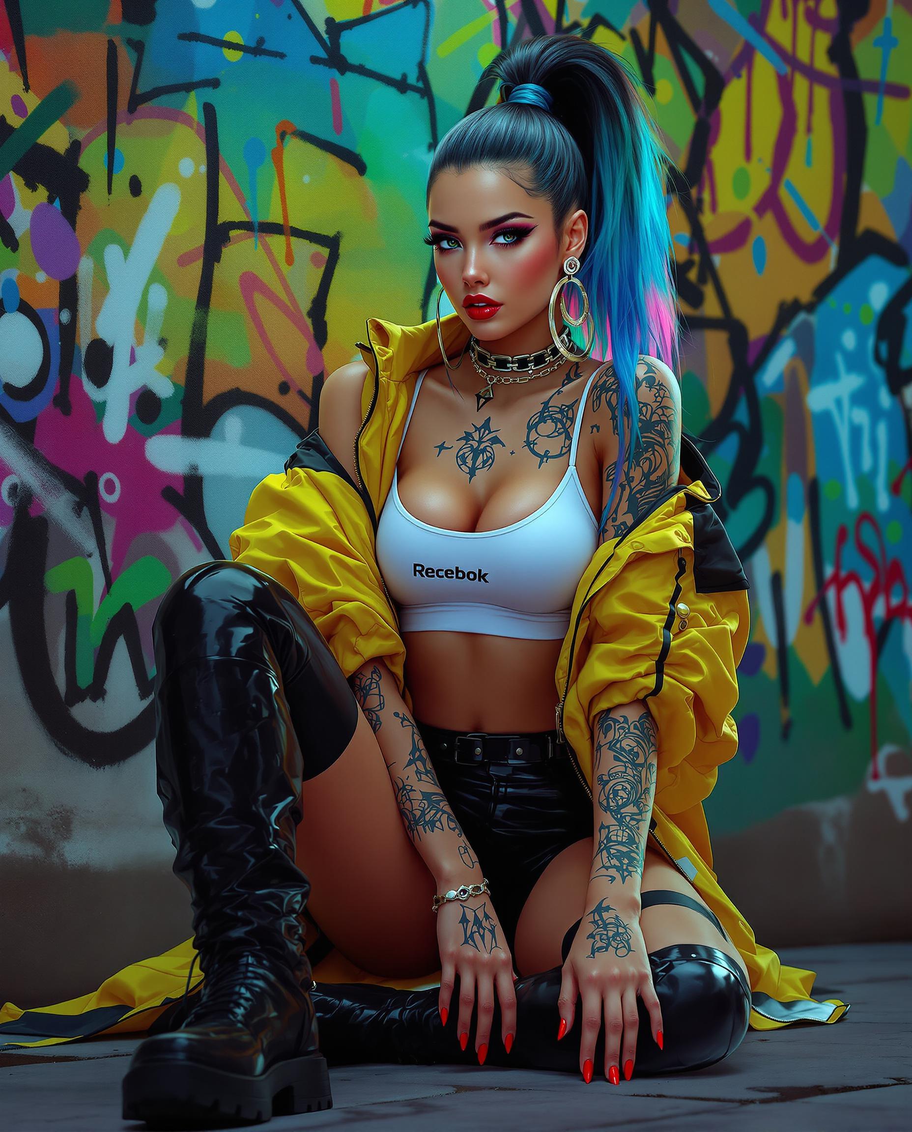 A stunning digital painting of a female figure with a bold cyberpunk aesthetic, captured in a highly stylized, photorealistic manner, showcasing intricate textures and a vibrant color palette of blues, greens, yellows, and blacks. She wears a white Reebok sports bra, an open glossy yellow bomber jacket with black detailing, black glossy shorts, and thigh-high boots, seated on the ground with one knee bent, hands resting on it, red nail polish matching her lipstick, and long gradient hair transitioning from dark roots to vivid blue tips in a high ponytail. The urban background features a chaotic, colorful graffiti wall, illuminated by cinematic lighting that enhances depth and realism, with detailed tattoos on her arms and neck adding to the edgy, dynamic atmosphere.