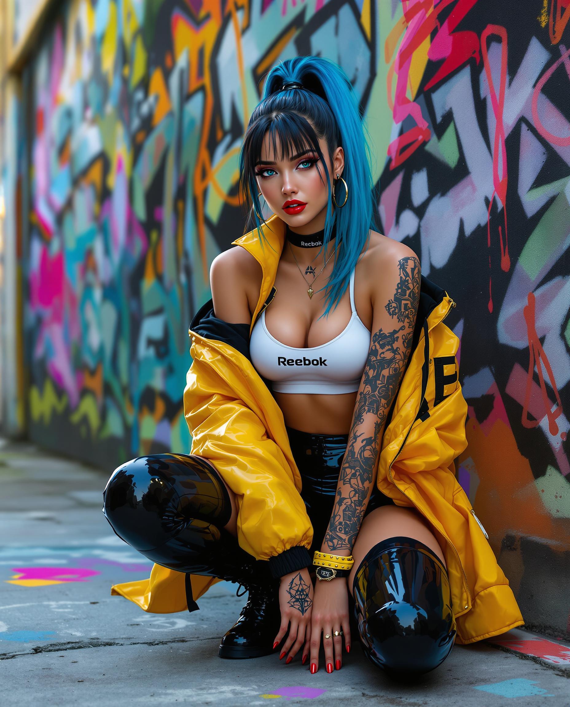 A stunning digital painting of a female figure with a bold cyberpunk aesthetic, captured in a highly stylized, photorealistic manner, showcasing intricate textures and a vibrant color palette of blues, greens, yellows, and blacks. She wears a white Reebok sports bra, an open glossy yellow bomber jacket with black detailing, black glossy shorts, and thigh-high boots, seated on the ground with one knee bent, hands resting on it, red nail polish matching her lipstick, and long gradient hair transitioning from dark roots to vivid blue tips in a high ponytail. The urban background features a chaotic, colorful graffiti wall, illuminated by cinematic lighting that enhances depth and realism, with detailed tattoos on her arms and neck adding to the edgy, dynamic atmosphere.
