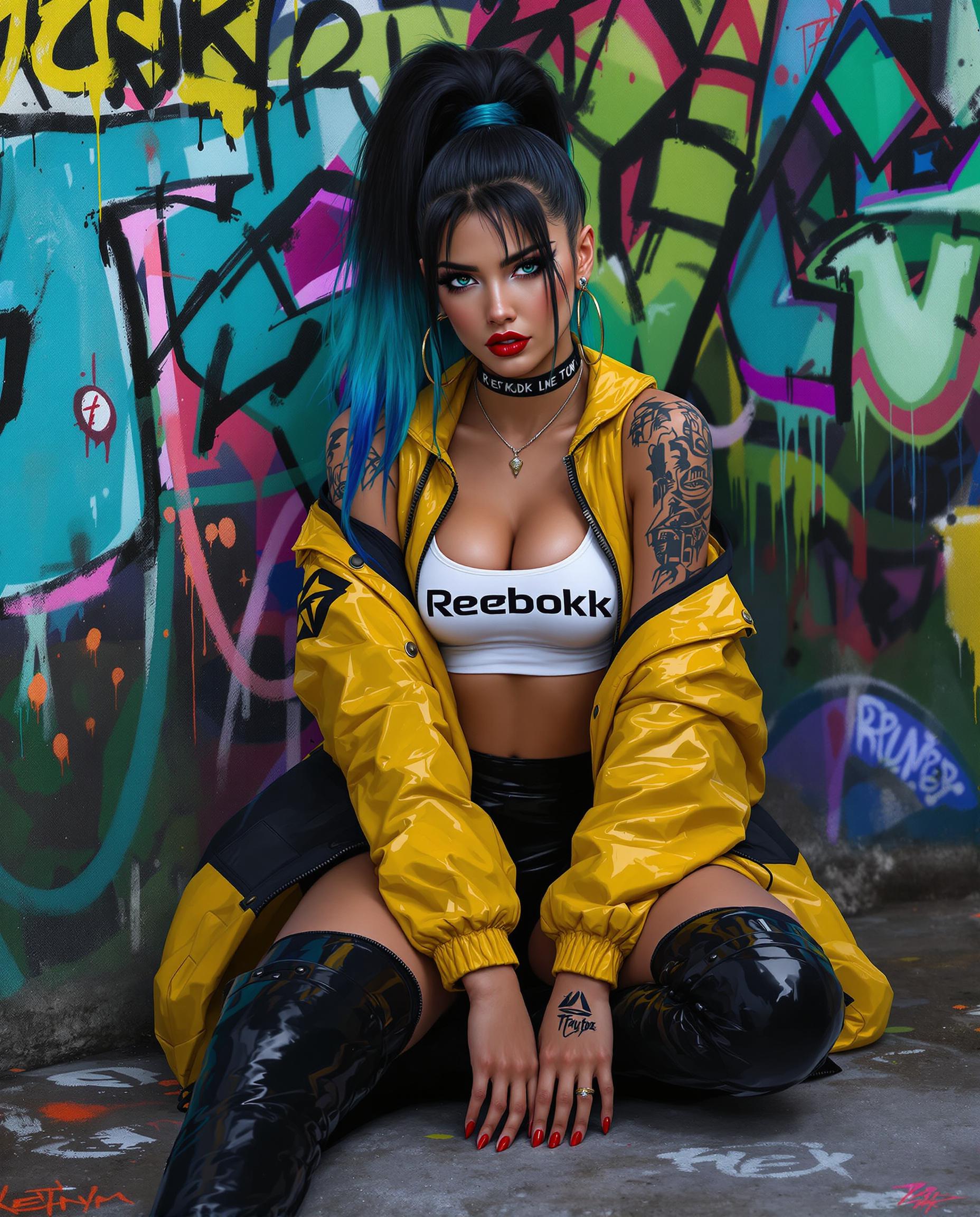 A stunning digital painting of a female figure with a bold cyberpunk aesthetic, captured in a highly stylized, photorealistic manner, showcasing intricate textures and a vibrant color palette of blues, greens, yellows, and blacks. She wears a white Reebok sports bra, an open glossy yellow bomber jacket with black detailing, black glossy shorts, and thigh-high boots, seated on the ground with one knee bent, hands resting on it, red nail polish matching her lipstick, and long gradient hair transitioning from dark roots to vivid blue tips in a high ponytail. The urban background features a chaotic, colorful graffiti wall, illuminated by cinematic lighting that enhances depth and realism, with detailed tattoos on her arms and neck adding to the edgy, dynamic atmosphere.