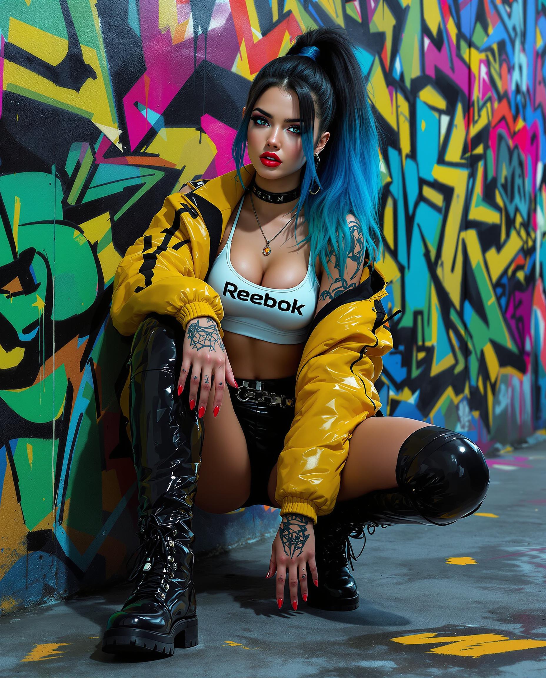 A stunning digital painting of a female figure with a bold cyberpunk aesthetic, captured in a highly stylized, photorealistic manner, showcasing intricate textures and a vibrant color palette of blues, greens, yellows, and blacks. She wears a white Reebok sports bra, an open glossy yellow bomber jacket with black detailing, black glossy shorts, and thigh-high boots, seated on the ground with one knee bent, hands resting on it, red nail polish matching her lipstick, and long gradient hair transitioning from dark roots to vivid blue tips in a high ponytail. The urban background features a chaotic, colorful graffiti wall, illuminated by cinematic lighting that enhances depth and realism, with detailed tattoos on her arms and neck adding to the edgy, dynamic atmosphere.