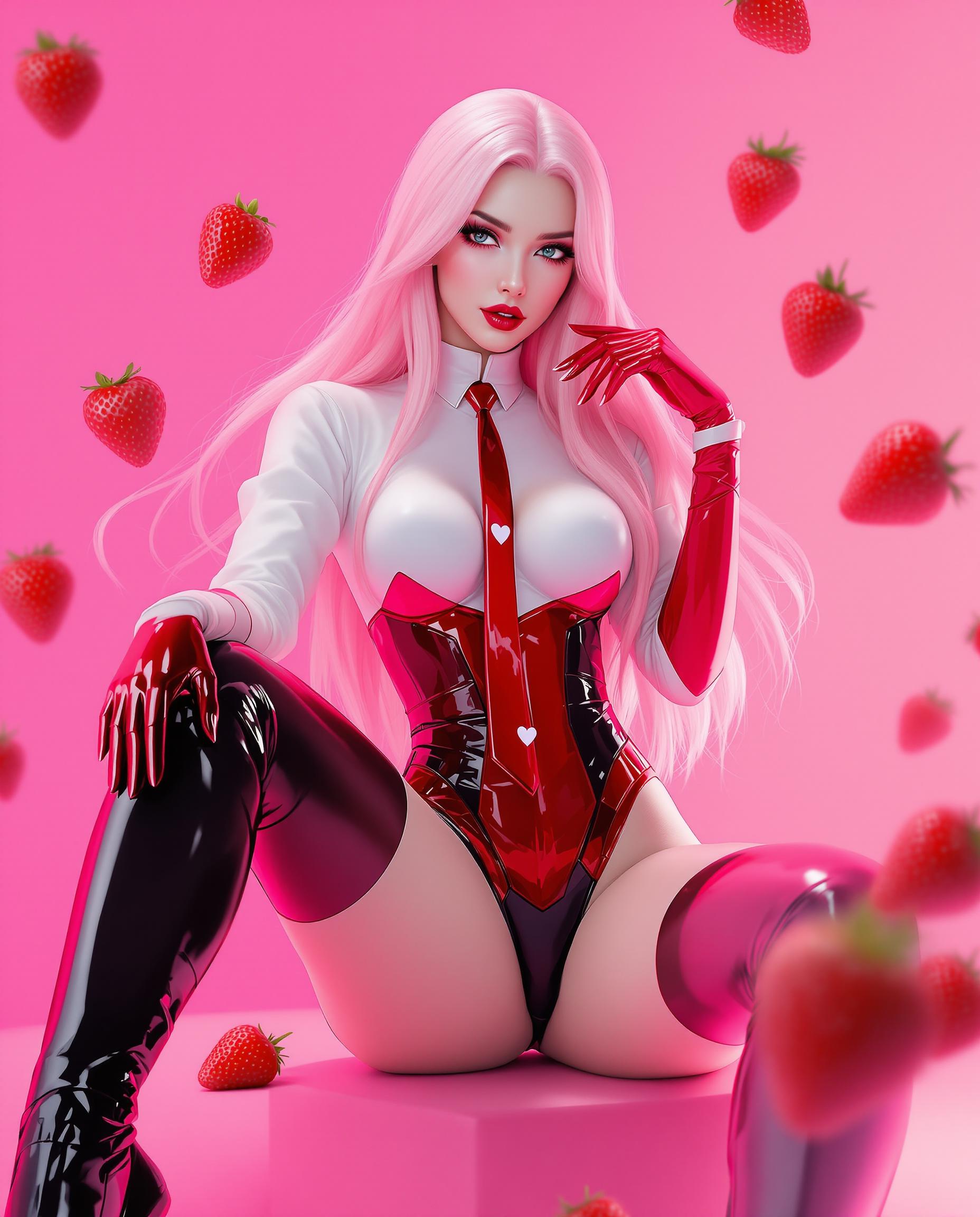A stunning, photorealistic digital painting of a female character with long, flowing pink hair and a pale complexion, dressed in a futuristic outfit featuring a white high-collared blouse, a shiny red and black patent leather-like bodysuit with a heart motif, red gloves, a matching tie, and black thigh-high heeled boots. She poses relaxed, one hand on her thigh, the other touching her hair, against a vibrant pink gradient backdrop with floating bright red strawberries, captured with cinematic lighting, smooth lines, glossy textures, and 8K detail for a striking, three-dimensional effect.