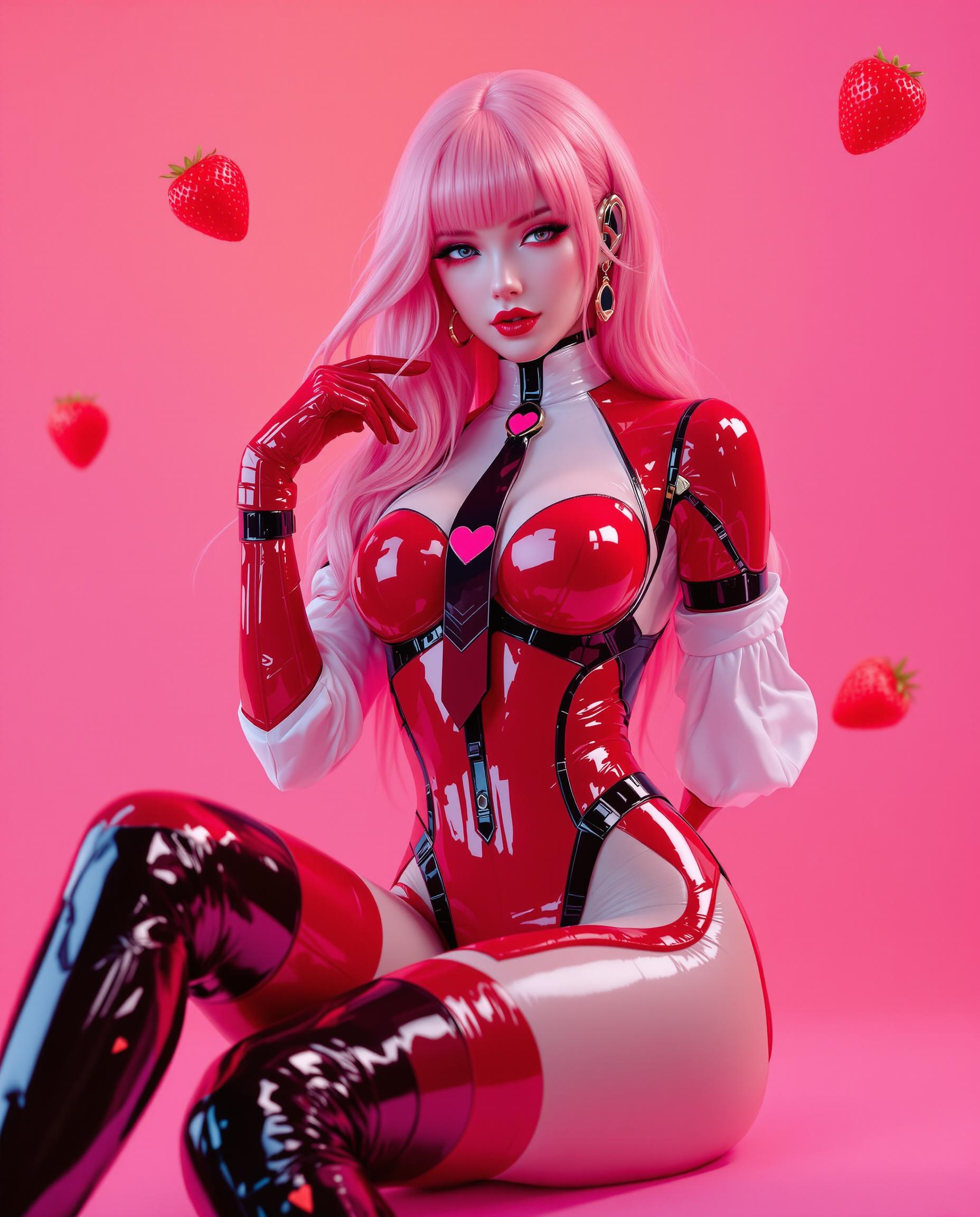 A stunning, photo realistic of a female character with long, flowing pink hair and a pale complexion, dressed in a futuristic outfit featuring a white high-collared blouse, a shiny red and black patent leather-like bodysuit with a heart motif, red gloves, a matching tie, and black thigh-high heeled boots. She poses relaxed, one hand on her thigh, the other touching her hair, against a vibrant pink gradient backdrop with floating bright red strawberries, captured with cinematic lighting, smooth lines, glossy textures, and 8K detail for a striking, three-dimensional effect.