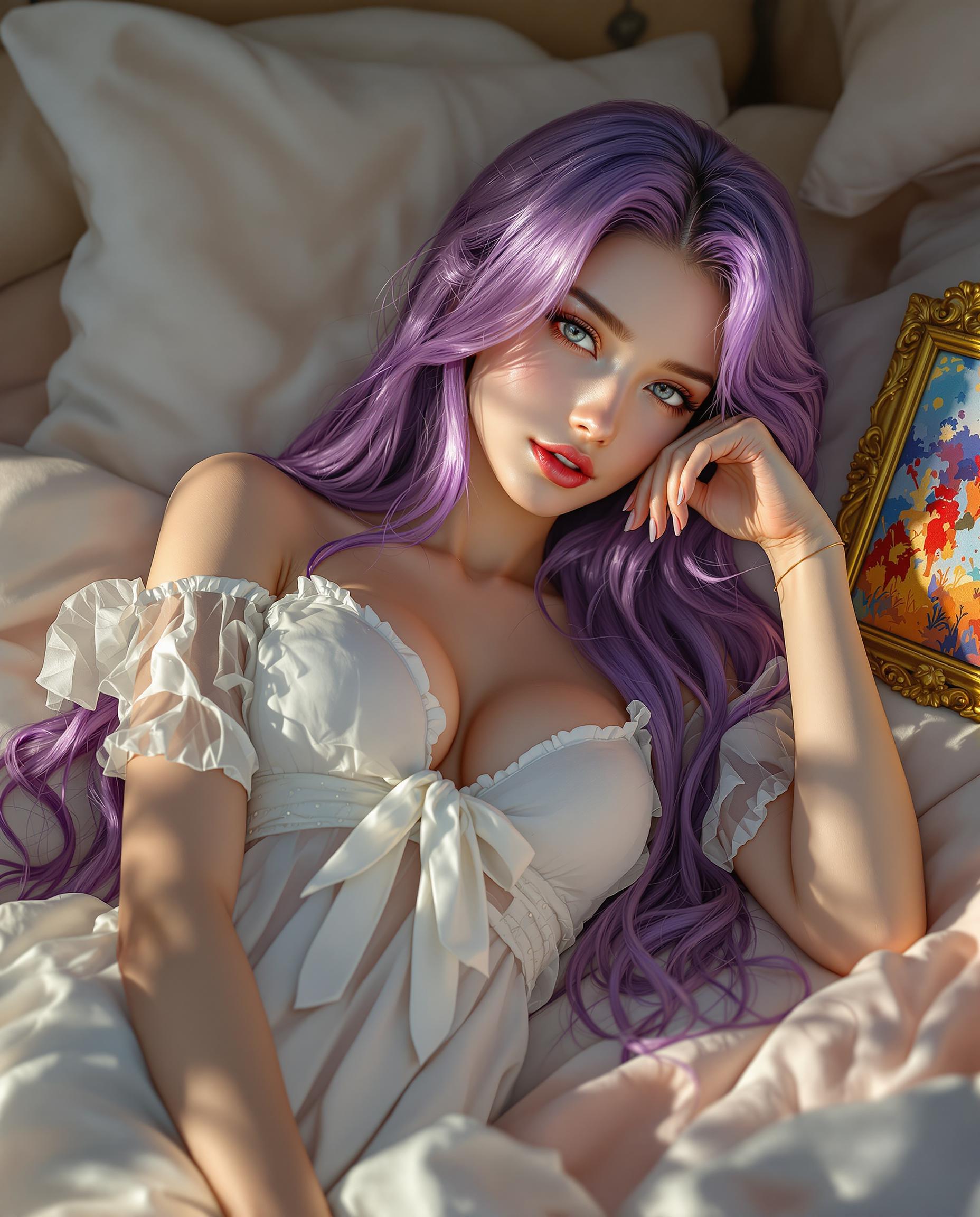 A stunning photorealistic portrait of a female character, captured as if through a DSLR camera with a 50 mm lens, featuring shallow depth of field and cinematic lighting in 8K detail. She reclines gracefully, angled to the right, head resting on her hand, with long, flowing purple hair cascading down her back, rendered with intricate strands and luminous highlights. She wears a white, ruffled dress with a sheer, detailed fabric, cinched by a ribbon bow, her skin glistening with realistic sweat droplets under warm, soft light, set against a neutral background with a small ornate frame holding a vivid abstract painting on the bedspread to her right.