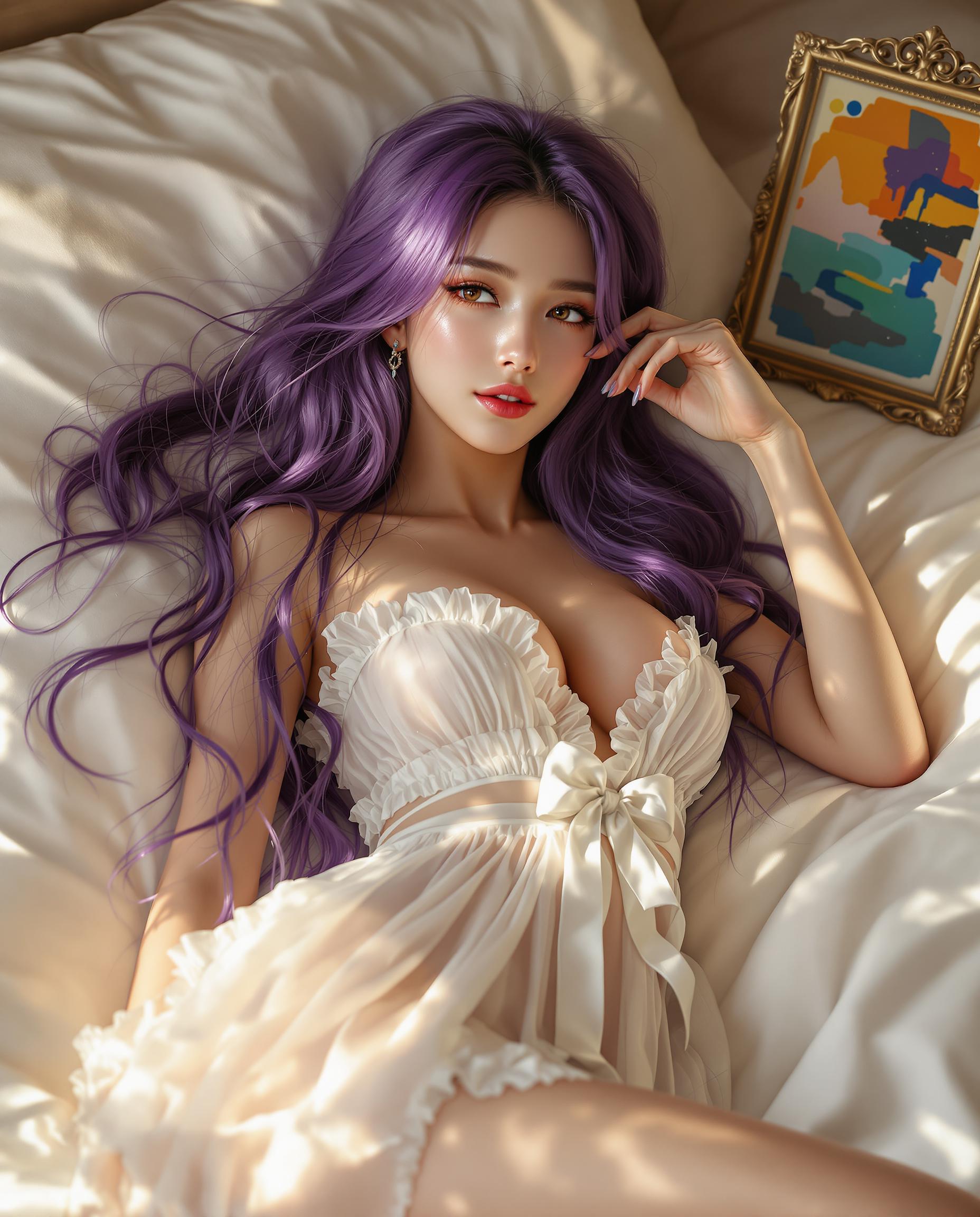 A stunning photorealistic portrait of a female character, captured as if through a DSLR camera with a 50 mm lens, featuring shallow depth of field and cinematic lighting in 8K detail. She reclines gracefully, angled to the right, head resting on her hand, with long, flowing purple hair cascading down her back, rendered with intricate strands and luminous highlights. She wears a white, ruffled dress with a sheer, detailed fabric, cinched by a ribbon bow, her skin glistening with realistic sweat droplets under warm, soft light, set against a neutral background with a small ornate frame holding a vivid abstract painting on the bedspread to her right.