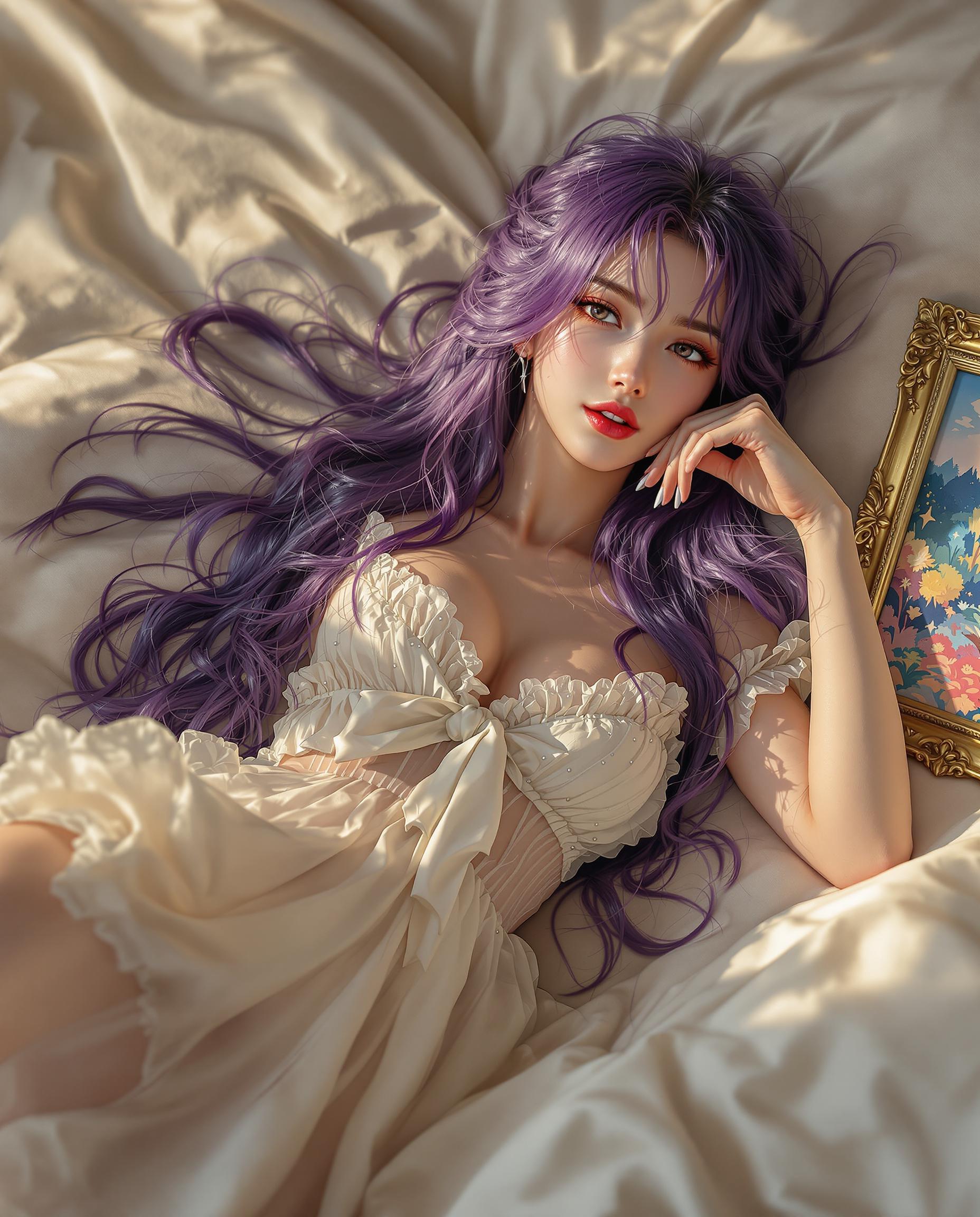 A stunning photorealistic portrait of a female character, captured as if through a DSLR camera with a 50 mm lens, featuring shallow depth of field and cinematic lighting in 8K detail. She reclines gracefully, angled to the right, head resting on her hand, with long, flowing purple hair cascading down her back, rendered with intricate strands and luminous highlights. She wears a white, ruffled dress with a sheer, detailed fabric, cinched by a ribbon bow, her skin glistening with realistic sweat droplets under warm, soft light, set against a neutral background with a small ornate frame holding a vivid abstract painting on the bedspread to her right.