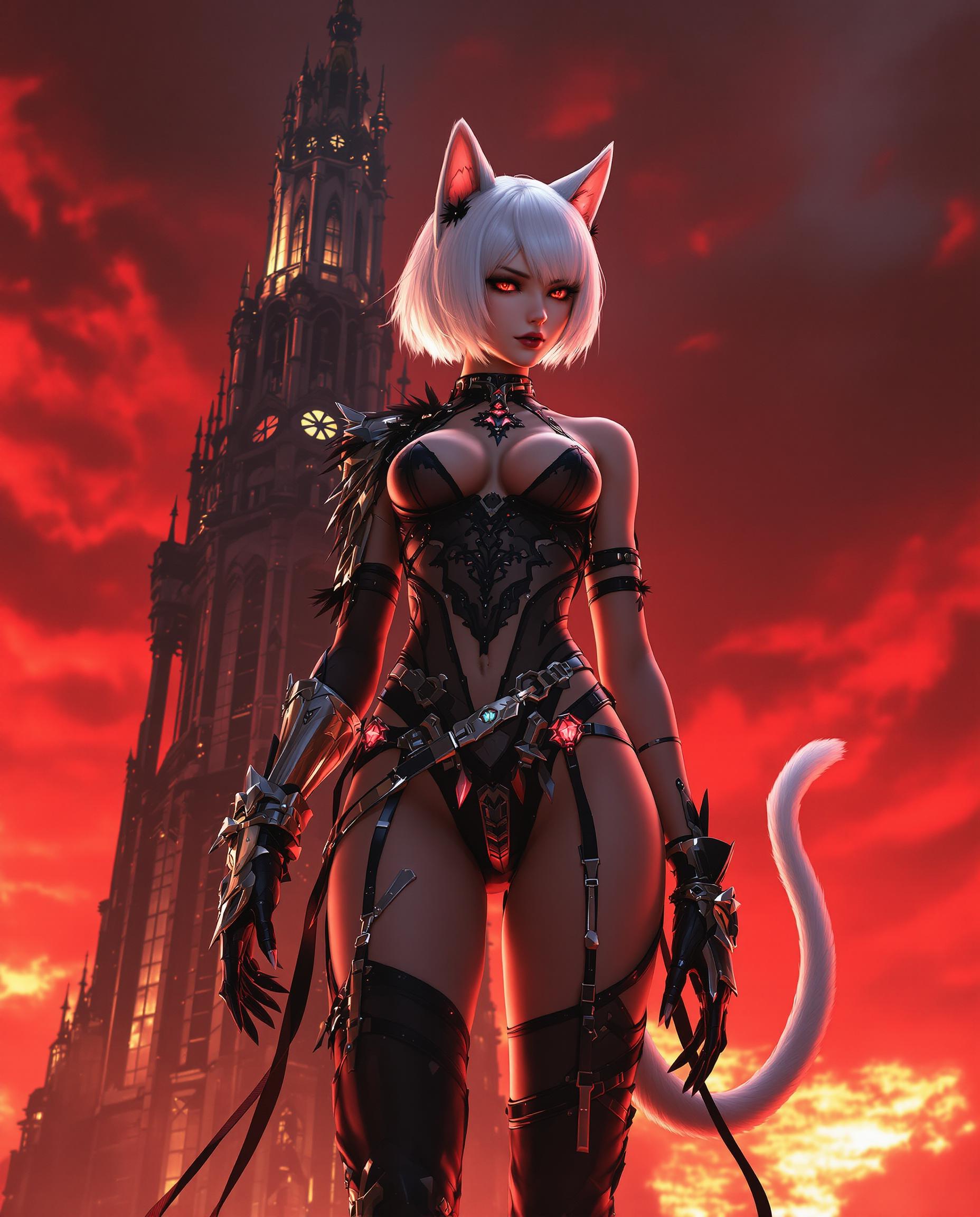A photorealistic digital painting of a striking female humanoid character with catlike ears and a tail, standing powerfully in a fantasy-sci-fi setting under a dramatic blood-red sky. She boasts short white hair reminiscent of 2B from Nier: Automata, wearing her iconic black-and-white outfit with lace and feather accents, a metallic gauntlet on her right arm, and a shiny black thigh-high boot on her left leg, her muscular build highlighted by cinematic lighting with strong contrasts. The scene, captured as if with a DSLR 50mm lens in 8K detail with shallow depth of field, features a towering gothic skyscraper with intricate metalwork in the shadowy foreground against a fiery, vibrant background.