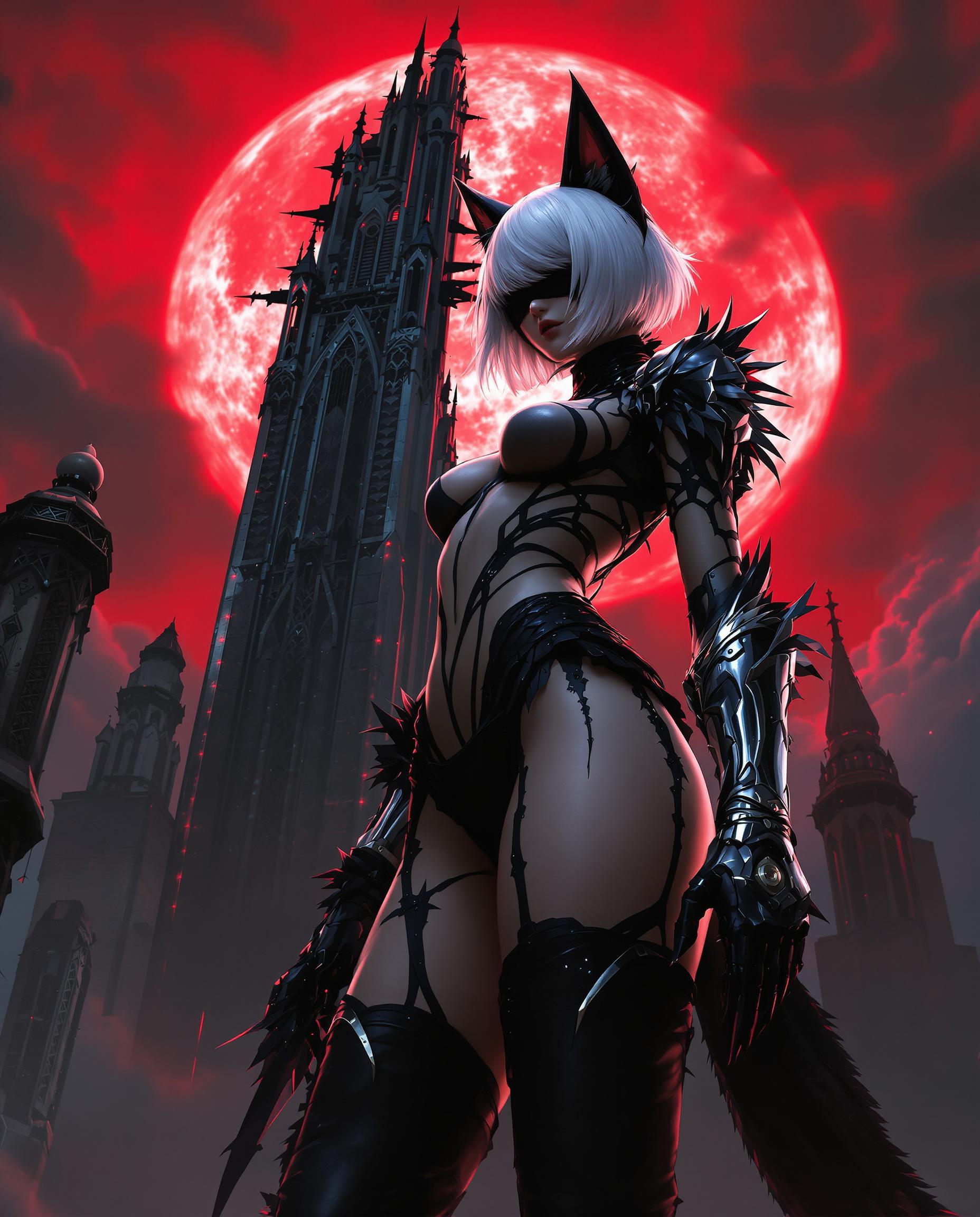 A photorealistic digital painting of a striking female humanoid character with catlike ears and a tail, standing powerfully in a fantasy-sci-fi setting under a dramatic blood-red sky. She boasts short white hair reminiscent of 2B from Nier: Automata, wearing her iconic black-and-white outfit with lace and feather accents, she is covering her eyes with a black bandana, a metallic gauntlet on her right arm, and a shiny black thigh-high boot on her left leg, her muscular build highlighted by cinematic lighting with strong contrasts. The scene, captured as if with a DSLR 50mm lens in 8K detail with shallow depth of field, features a towering gothic skyscraper with intricate metalwork in the shadowy foreground against a fiery, vibrant background.