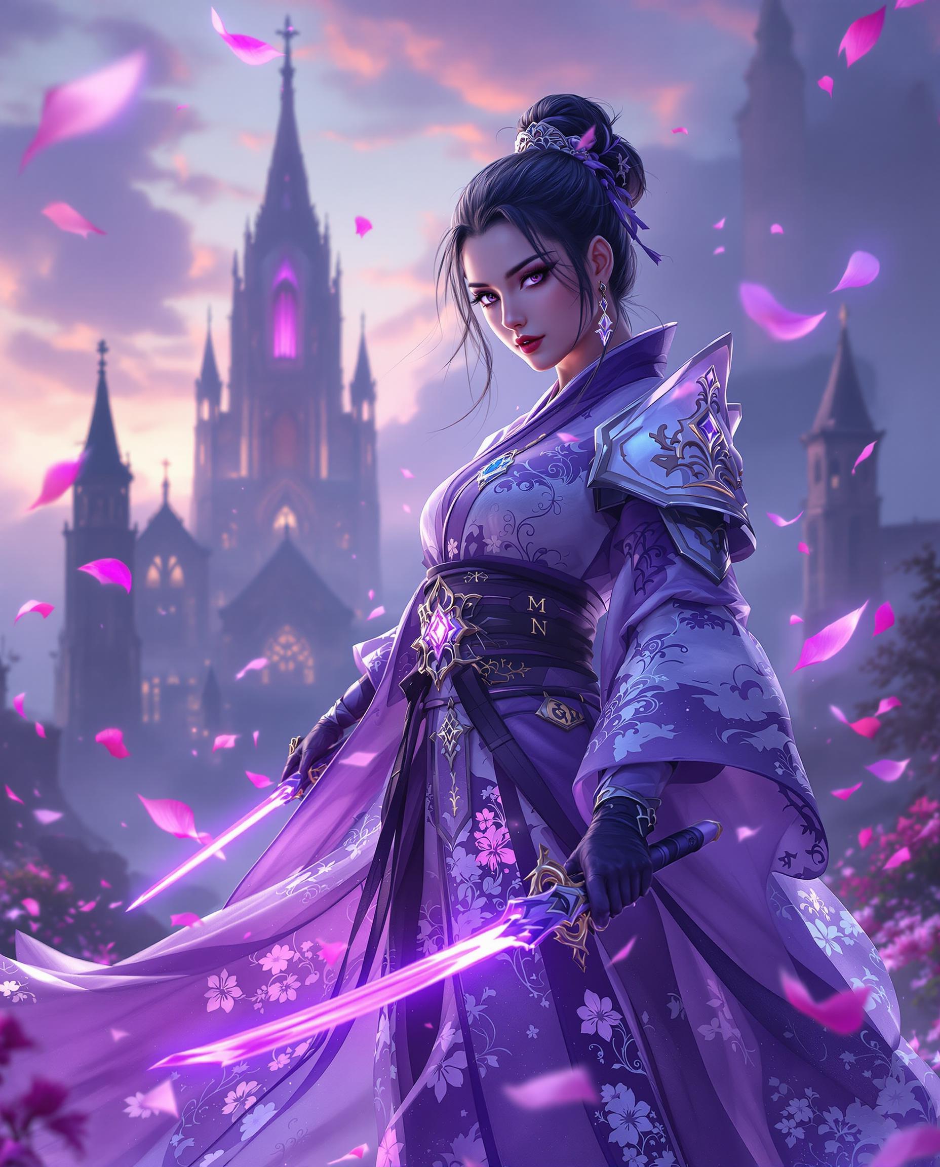 A stunning realistic photo (photograph) of a female real person digital painting of a female warrior exuding fantasy and mystique, standing confidently in a traditional Japanese kimono with intricate floral patterns in shades of purple and white, paired with armor-like clothing adorned with glowing runes. She wields a sword with a translucent, glowing purple blade, emitting a soft magical light, set against a twilight mystical landscape with floating petals and ethereal effects. In the background, a towering gothic cathedral looms, bathed in purple light, captured with cinematic detail, rich color gradients, and a cool, otherworldly palette of purples and blues.