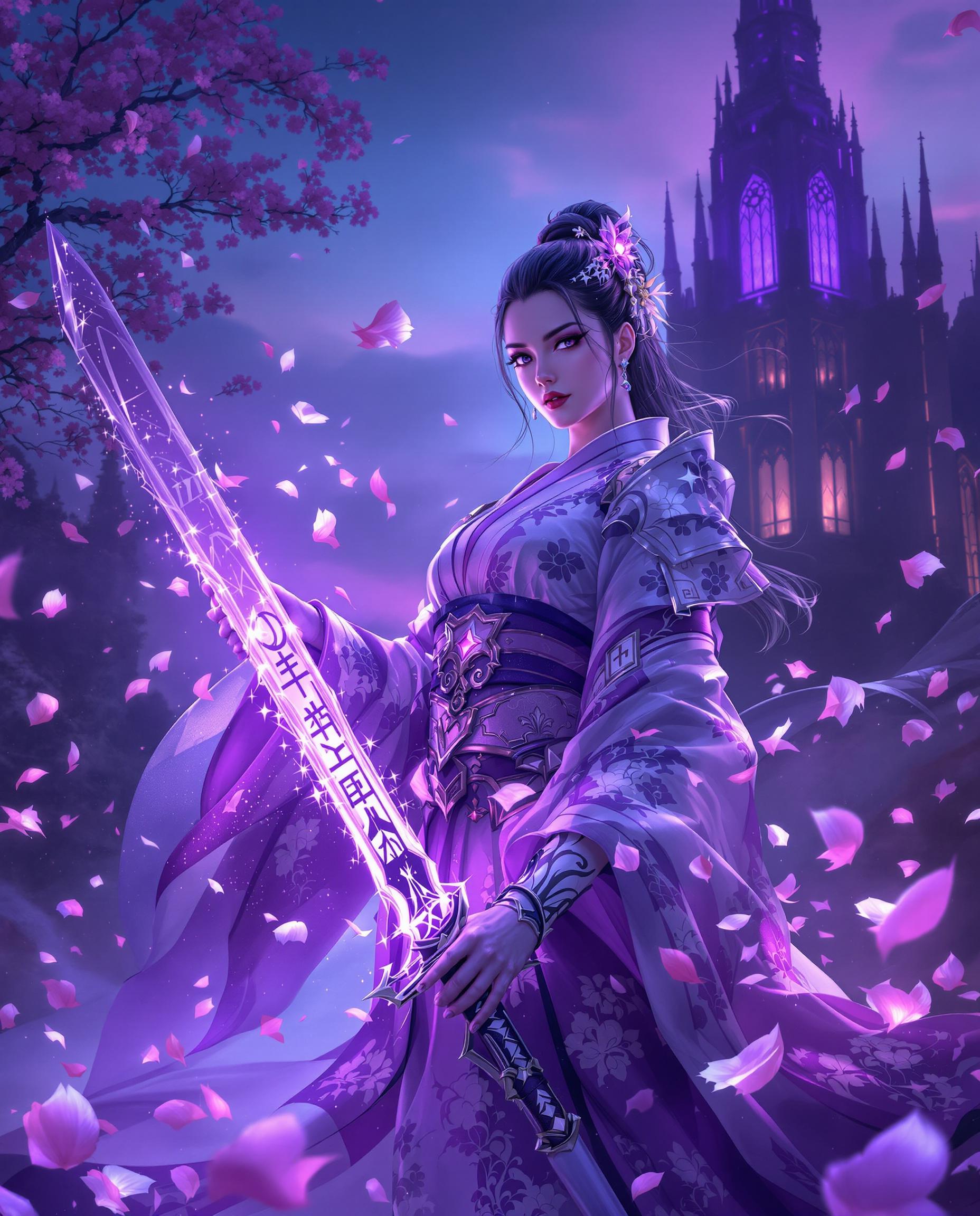 A stunning realistic photo (photograph) of a female real person digital painting of a female warrior exuding fantasy and mystique, standing confidently in a traditional Japanese kimono with intricate floral patterns in shades of purple and white, paired with armor-like clothing adorned with glowing runes. She wields a sword with a translucent, glowing purple blade, emitting a soft magical light, set against a twilight mystical landscape with floating petals and ethereal effects. In the background, a towering gothic cathedral looms, bathed in purple light, captured with cinematic detail, rich color gradients, and a cool, otherworldly palette of purples and blues.