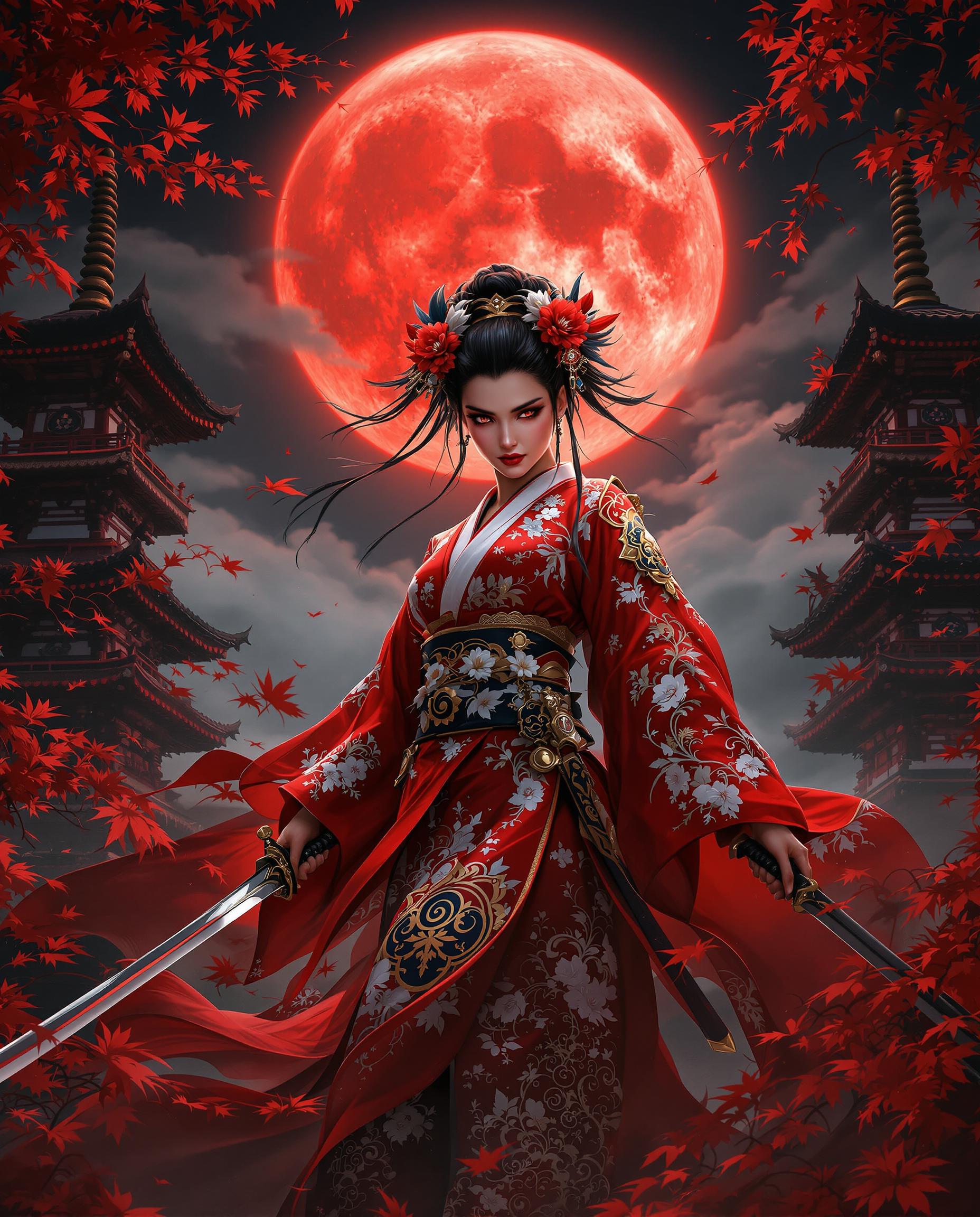 This is a stunning realistic photo (photograph) of a female real person digital painting of a fierce female character in a traditional Japanese kimono, adorned with intricate floral patterns, ornate hair accessories of flowers and feathers, and wielding ornate samurai swords. The scene is set against a dramatic night sky with a massive blood-red moon casting an eerie glow, surrounded by towering pagodas with detailed carvings and swirling red maple leaves, all rendered with bold reds, oranges, deep blacks, and stark whites for a fiery, mystical atmosphere. The expert use of lighting and shadow, along with smooth color blending, creates exceptional depth and dynamism in this atmospheric, high-detail ArtStation-style illustration.