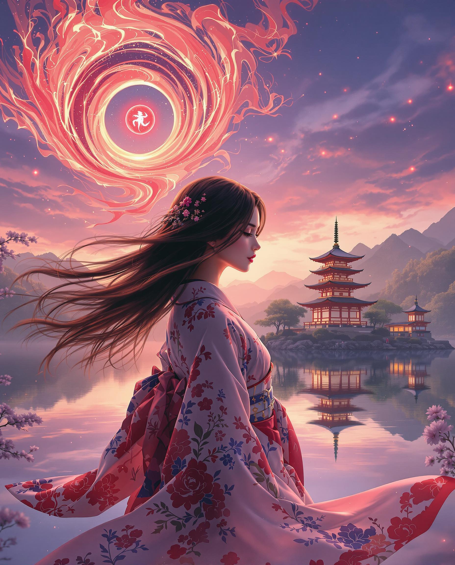 A stunning realistic photo (photograph) of a female real person digital painting of a female figure in a traditional Japanese kimono with intricate floral patterns, captured from the waist down with her hair flowing in motion, set against a dreamlike fantasy landscape. The scene features a multi-storied Japanese pagoda on a lush, elevated platform, reflected in a serene body of water under a warm sunset sky with purples, blues, and pinks, while a swirling red flame-like pattern and a mysterious red orb enhance the mystical atmosphere. Rendered with smooth color blending, cinematic lighting, and ArtStation-quality detail, the composition exudes nostalgia and harmony.