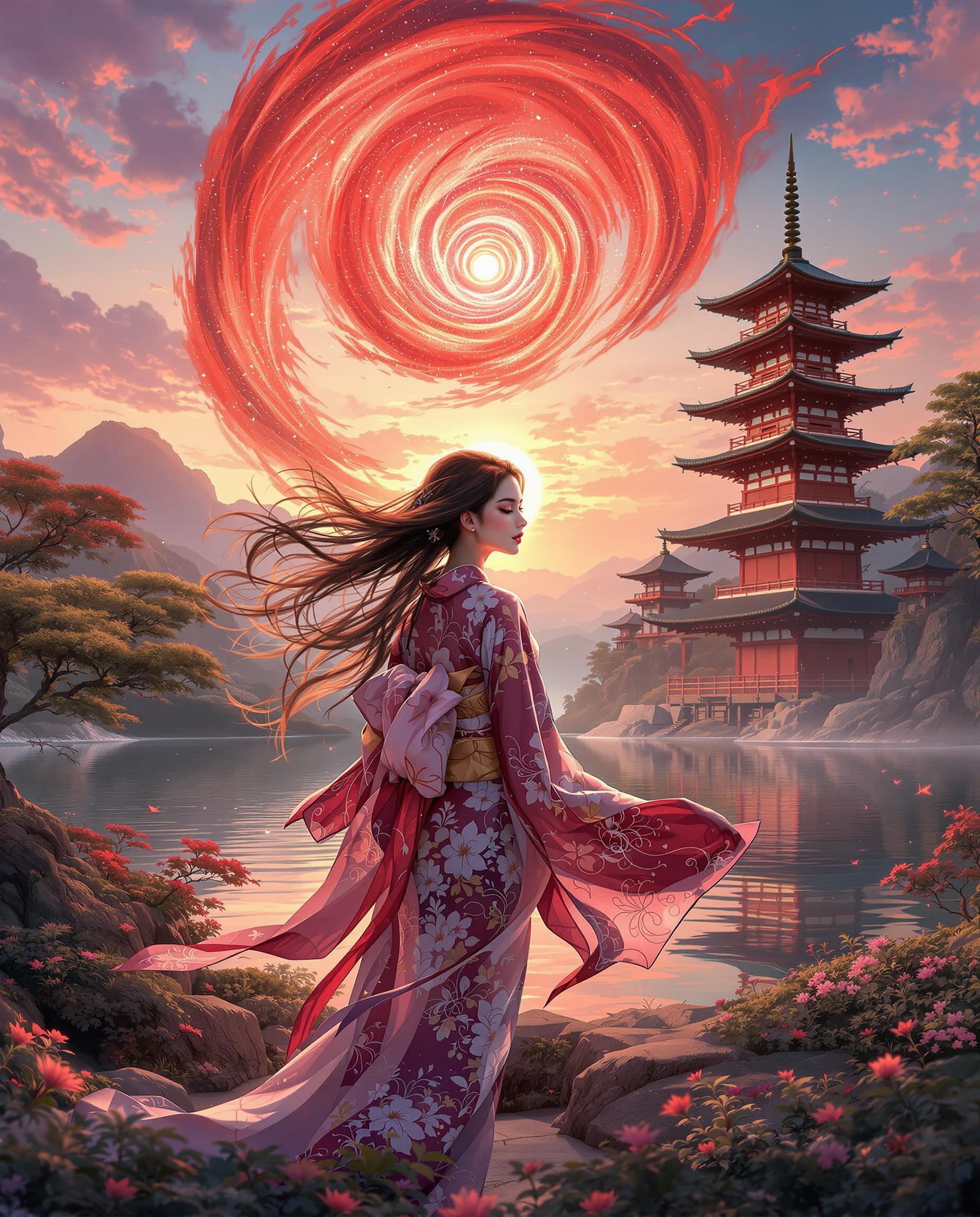 A stunning realistic photo (photograph) of a female real person digital painting of a female figure in a traditional Japanese kimono with intricate floral patterns, captured from the waist down with her hair flowing in motion, set against a dreamlike fantasy landscape. The scene features a multi-storied Japanese pagoda on a lush, elevated platform, reflected in a serene body of water under a warm sunset sky with purples, blues, and pinks, while a swirling red flame-like pattern and a mysterious red orb enhance the mystical atmosphere. Rendered with smooth color blending, cinematic lighting, and ArtStation-quality detail, the composition exudes nostalgia and harmony.