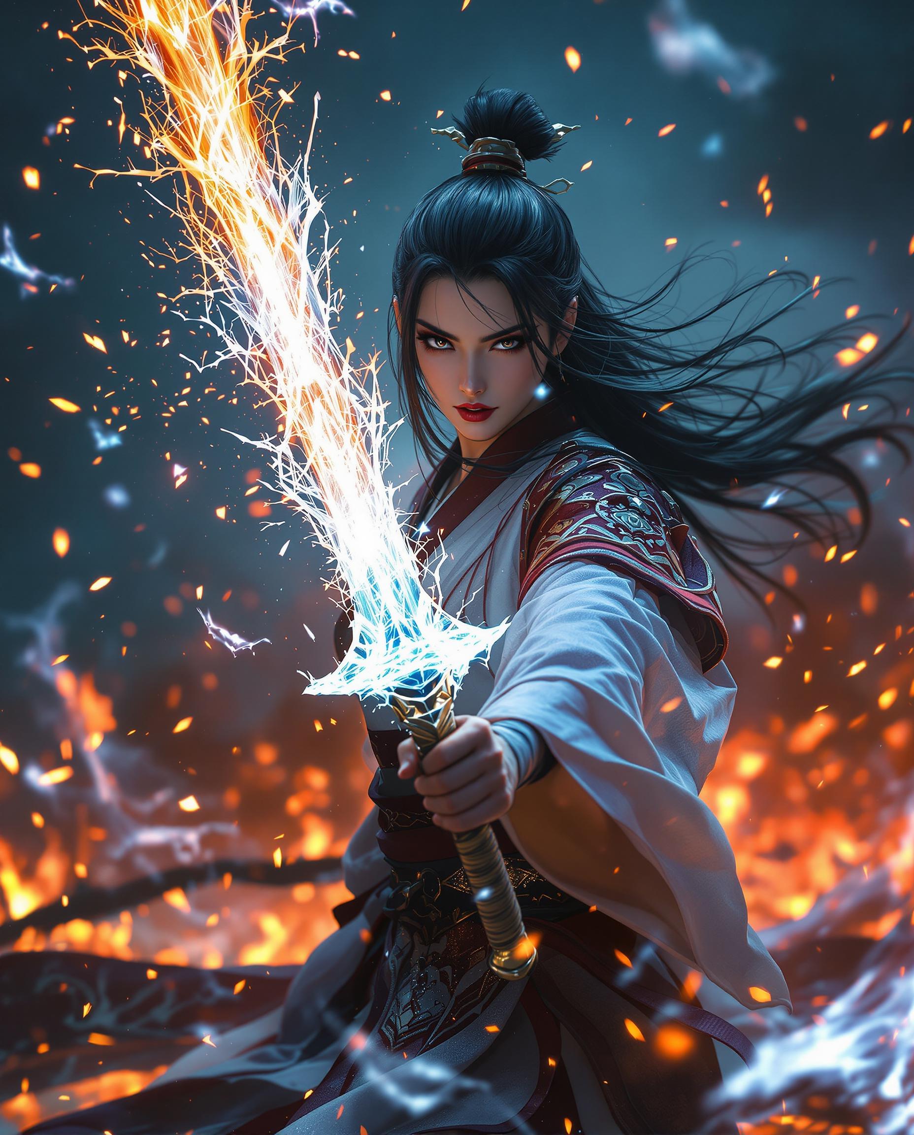 A breathtaking DSLR photo captures a fierce female warrior in traditional Japanese attire, her long hair flowing wildly as she wields a translucent, glowing sword that channels elemental forces of ice and fire, its sharp, ornate blade emitting an ethereal light. The scene is set against a chaotic background of swirling flames and sparks, with masterful cinematic lighting casting dramatic shadows, while bold contrasts of fiery oranges and reds clash with cool blues and purples, emphasizing the duality of power in an intense 8K battle atmosphere.