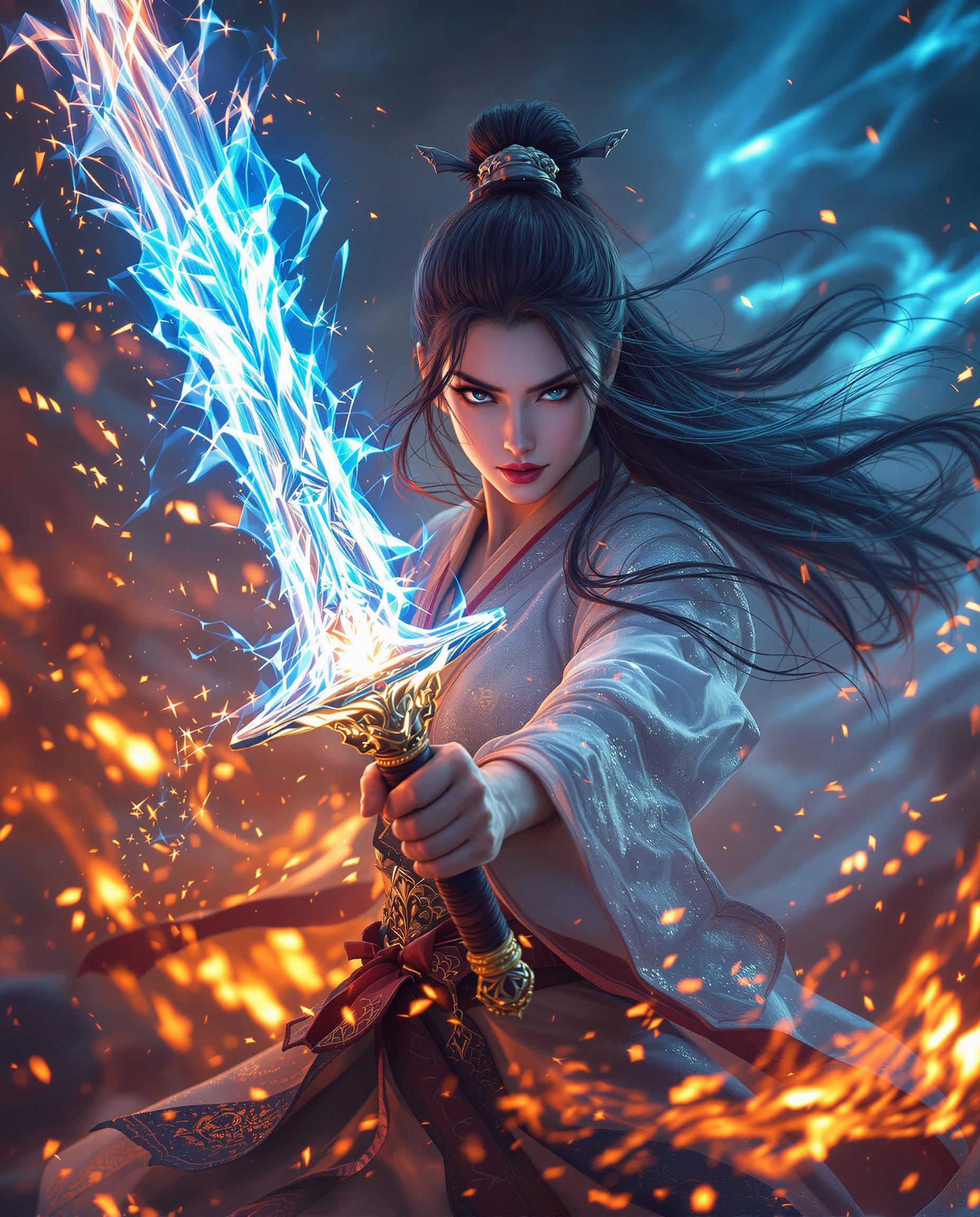 A breathtaking DSLR photo captures a fierce female warrior in traditional Japanese attire, her long hair flowing wildly as she wields a translucent, glowing sword that channels elemental forces of ice and fire, its sharp, ornate blade emitting an ethereal light. The scene is set against a chaotic background of swirling flames and sparks, with masterful cinematic lighting casting dramatic shadows, while bold contrasts of fiery oranges and reds clash with cool blues and purples, emphasizing the duality of power in an intense 8K battle atmosphere.