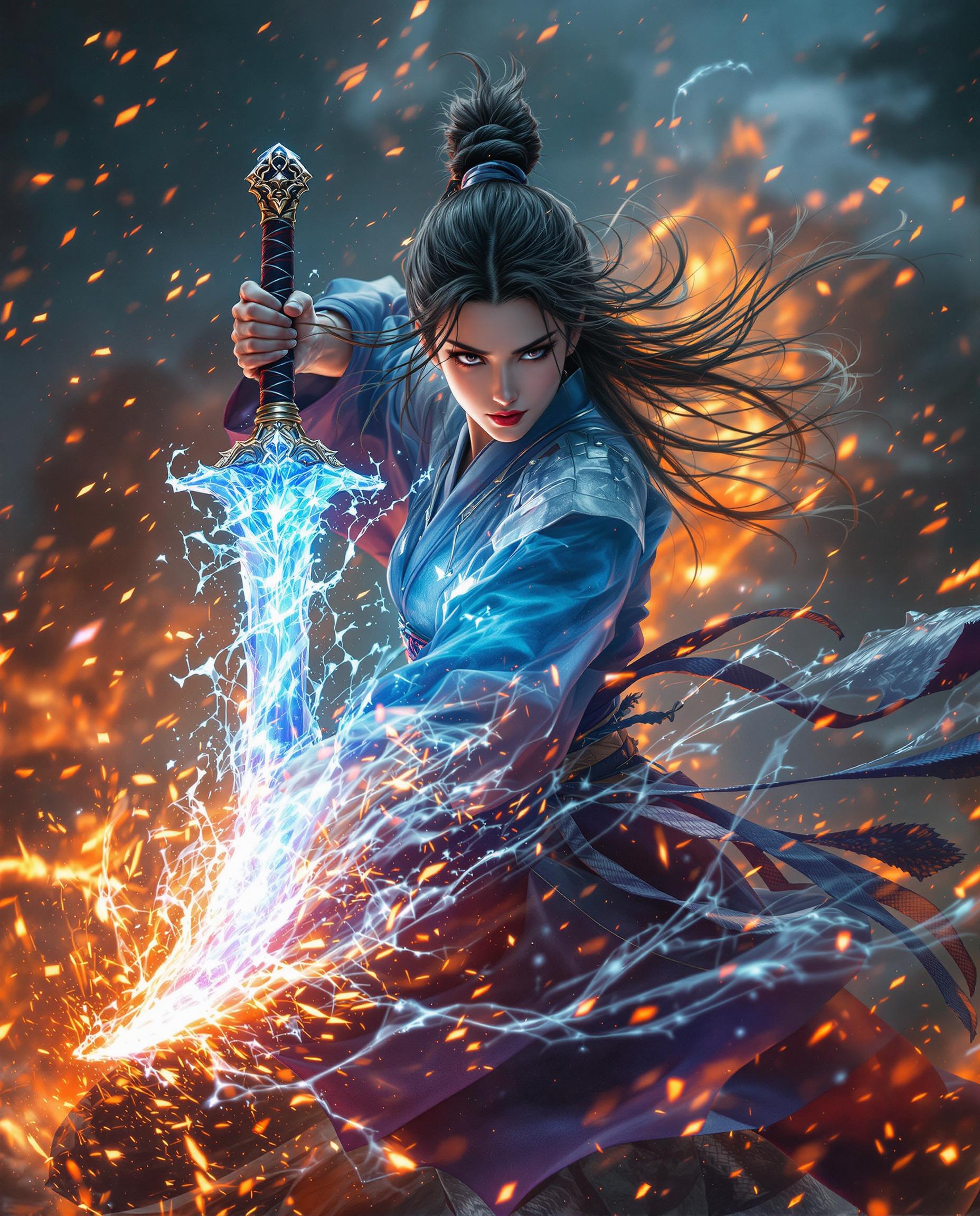 A breathtaking DSLR photo captures a fierce female warrior in traditional Japanese attire, her long hair flowing wildly as she wields a translucent, glowing sword that channels elemental forces of ice and fire, its sharp, ornate blade emitting an ethereal light. The scene is set against a chaotic background of swirling flames and sparks, with masterful cinematic lighting casting dramatic shadows, while bold contrasts of fiery oranges and reds clash with cool blues and purples, emphasizing the duality of power in an intense 8K battle atmosphere.