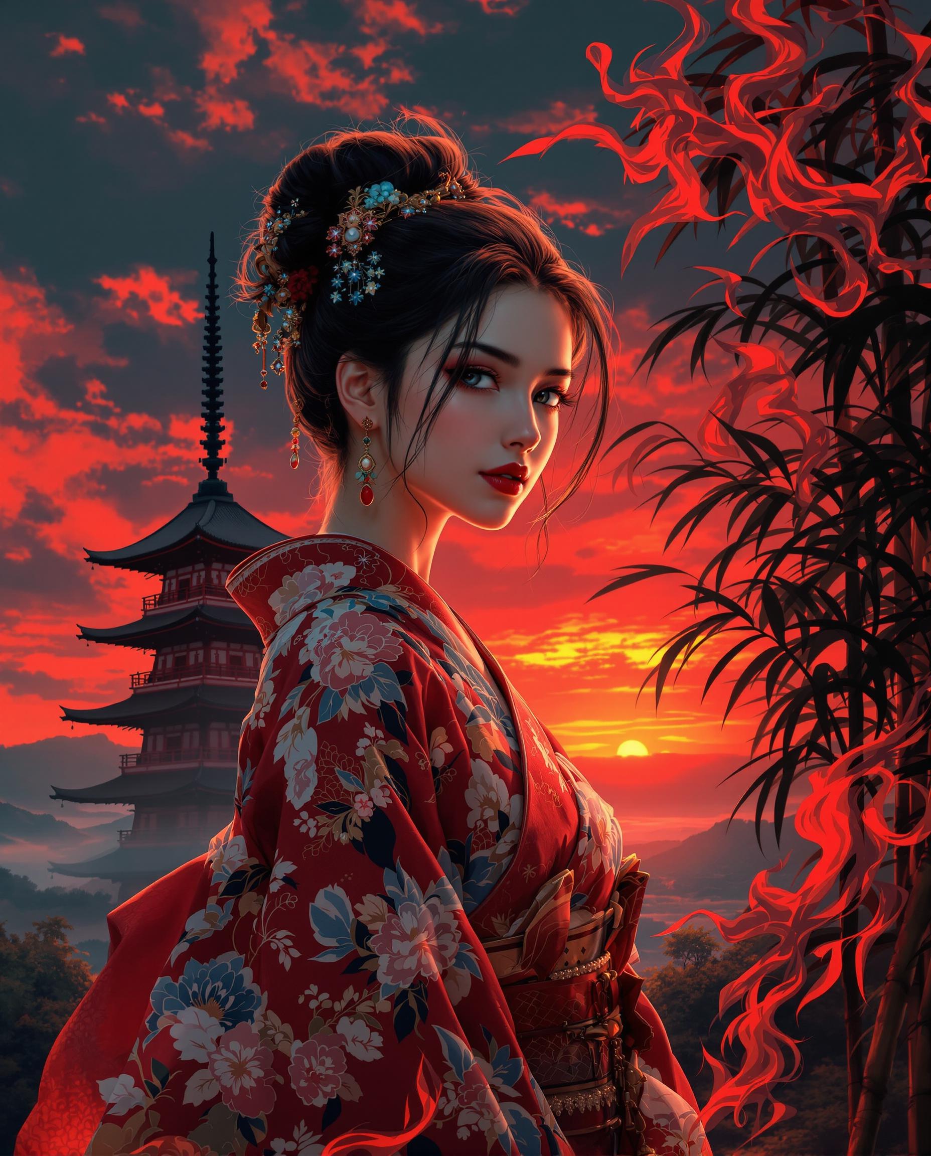 A stunning digital painting of a female figure in a traditional Japanese kimono, adorned with intricate floral patterns and vibrant textures, standing in the foreground with her hair in a messy bun and ornamental accessories enhancing her elegant look. Behind her, a majestic Japanese pagoda rises against a dramatic blood-red sky at sunrise or sunset, while swirling red and black flame-like tendrils mix with bamboo foliage on the right, blending tradition with fantasy. The rich palette of fiery reds and oranges contrasts with cool blues and greens, with masterful highlights and shadows creating depth and intensity in this high-resolution, cinematic composition.