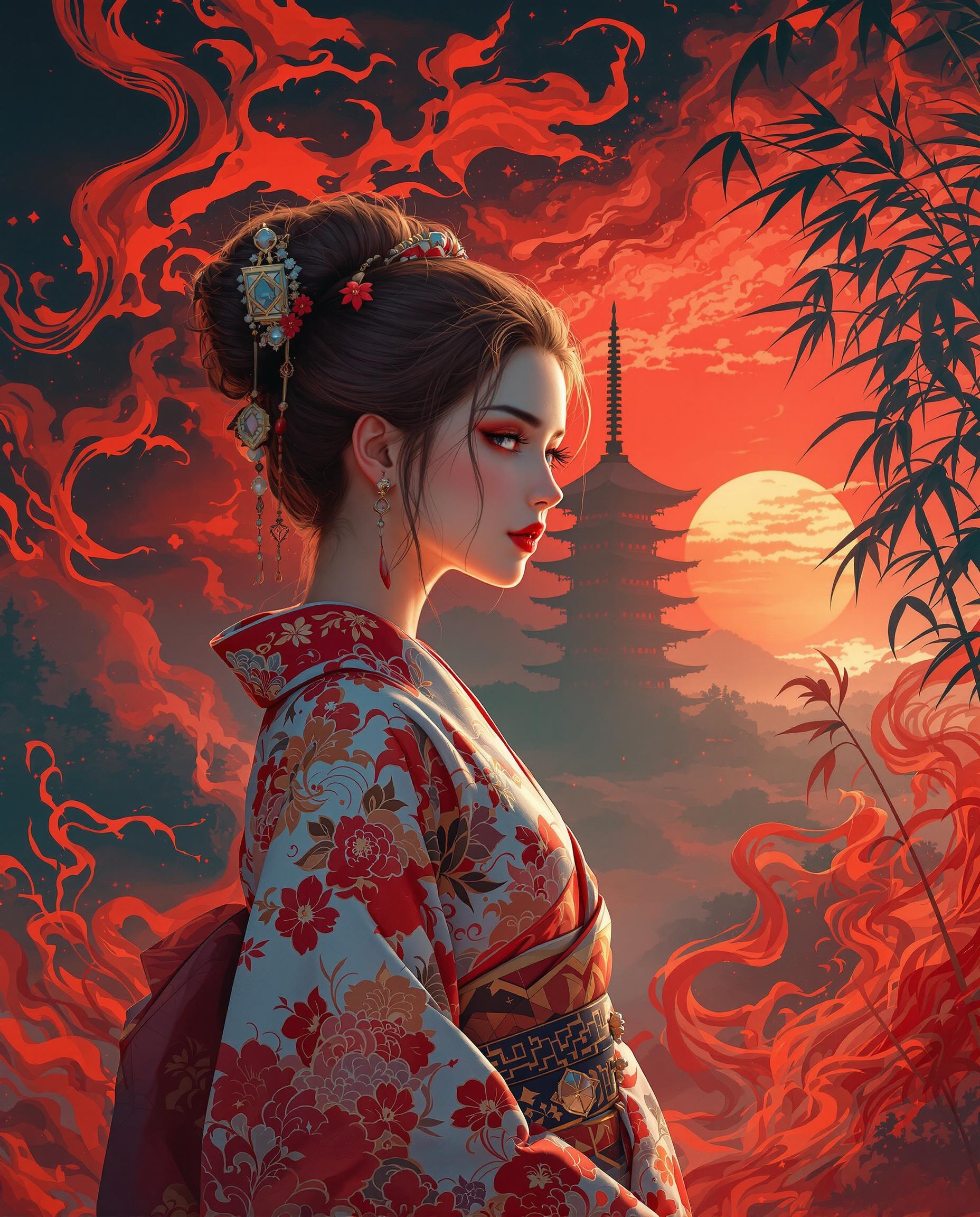 A stunning digital painting of a female figure in a traditional Japanese kimono, adorned with intricate floral patterns and vibrant textures, standing in the foreground with her hair in a messy bun and ornamental accessories enhancing her elegant look. Behind her, a majestic Japanese pagoda rises against a dramatic blood-red sky at sunrise or sunset, while swirling red and black flame-like tendrils mix with bamboo foliage on the right, blending tradition with fantasy. The rich palette of fiery reds and oranges contrasts with cool blues and greens, with masterful highlights and shadows creating depth and intensity in this high-resolution, cinematic composition.