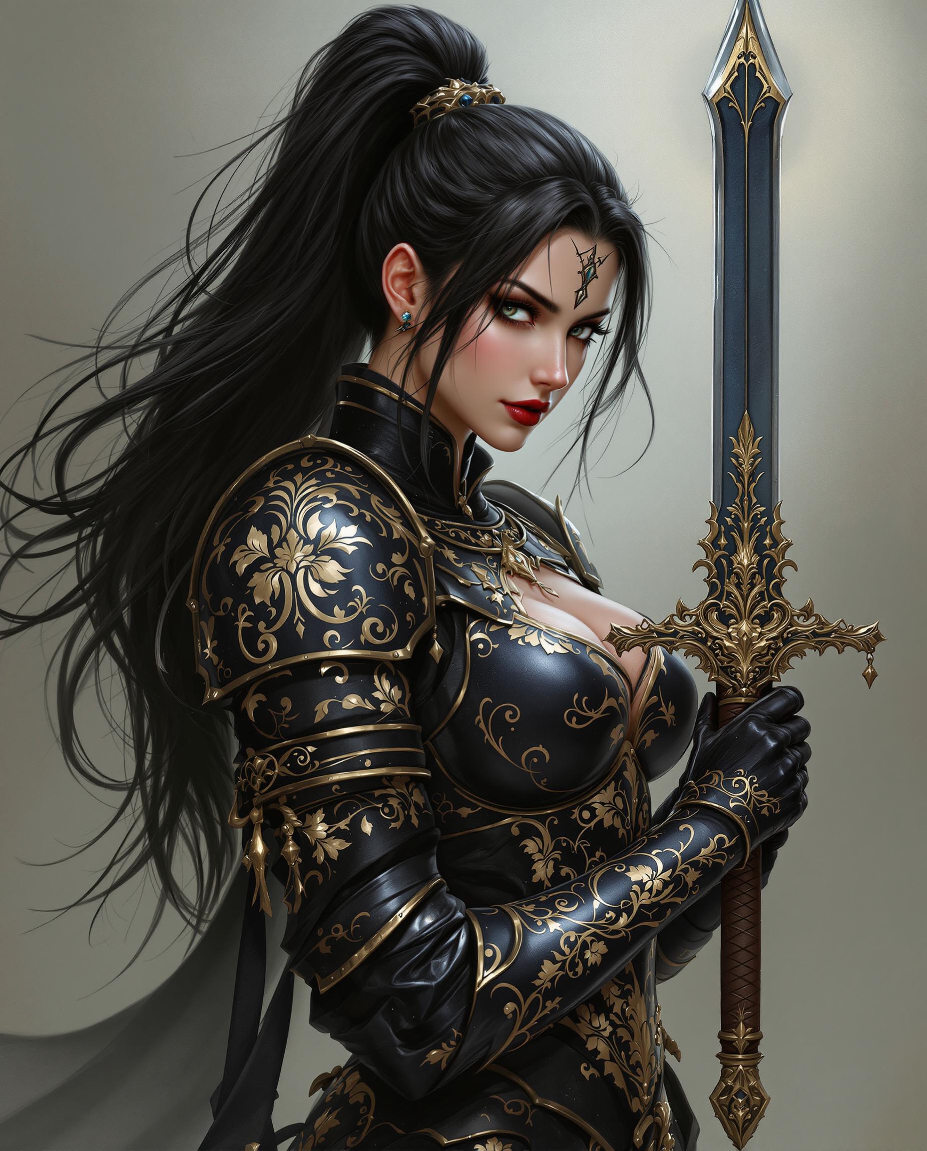 A striking digital painting of a female warrior in a dynamic pose, clad in ornate black armor with intricate gold floral and scrollwork patterns, evoking a gothic yet fantastical aesthetic. Her long, dark hair flows elegantly in a high ponytail, secured by a decorative hairpin that forms a halo-like effect, with strands brushing against the armor. She wields a sword with a deep metallic blue blade and a dark brown hilt adorned with gold dragon motifs, complemented by a matching dragon-designed scabbard on her back, all illuminated by soft, diffused lighting that casts gentle shadows, enhancing the rich black, gold, and blue-gray palette.