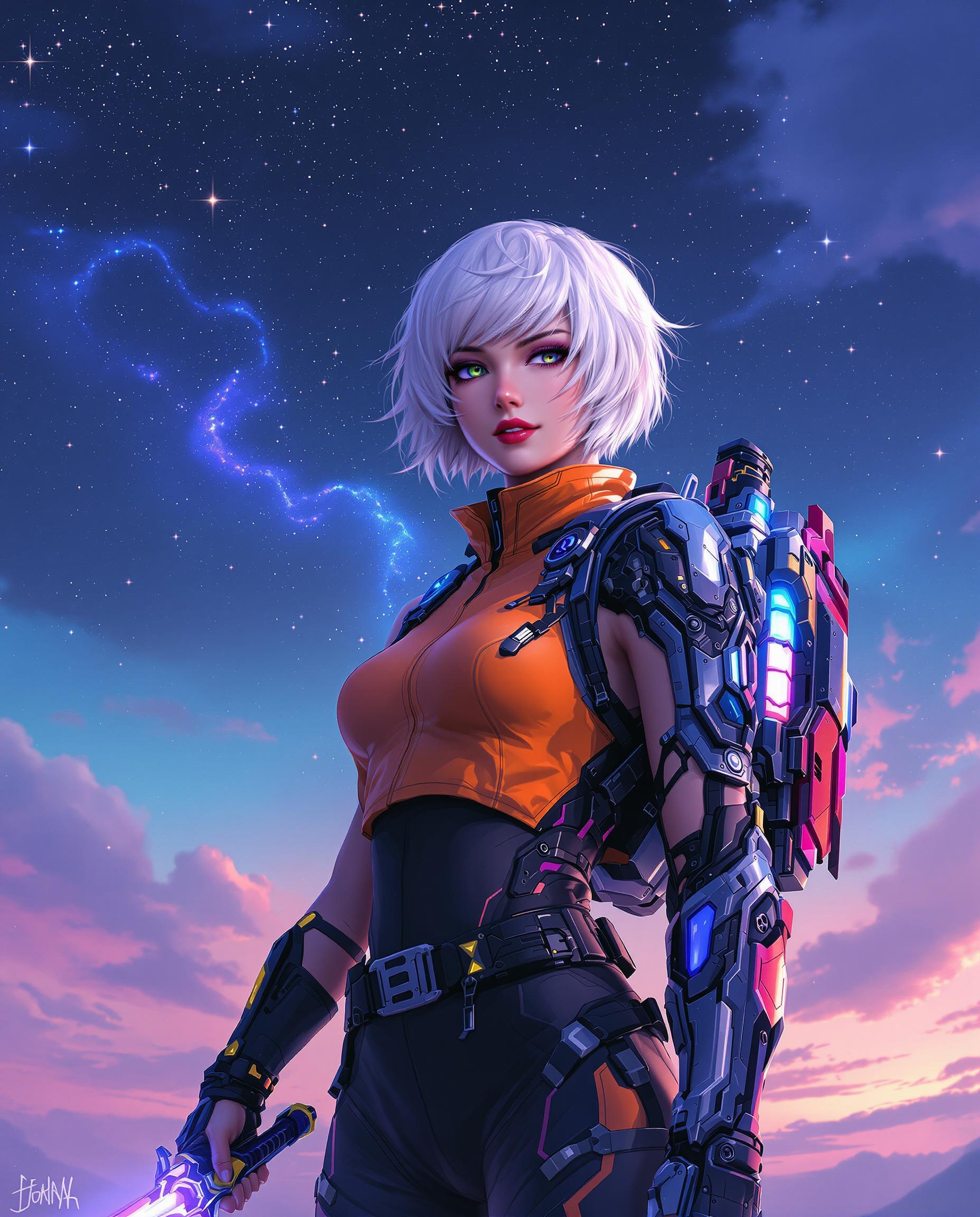 A stunning realistic photo (photograph) of a female real person digital painting of a cyberpunk female character with short, white hair and a futuristic mechanical arm on her right shoulder, standing confidently under a mesmerizing night sky. She wears a sleeveless, high-collared top in bold orange and black with purple and blue accents, paired with a jetpack-style backpack glowing with intricate mechanical details, while wielding a sword with a translucent, energy-based blade and a detailed, futuristic hilt. The background features a vast night sky with ethereal clouds, twinkling stars, and streaks of blue and purple nebulae, transitioning from deep blue to soft pink and orange hues at the horizon, captured in high-resolution detail with vibrant colors and smooth gradients.