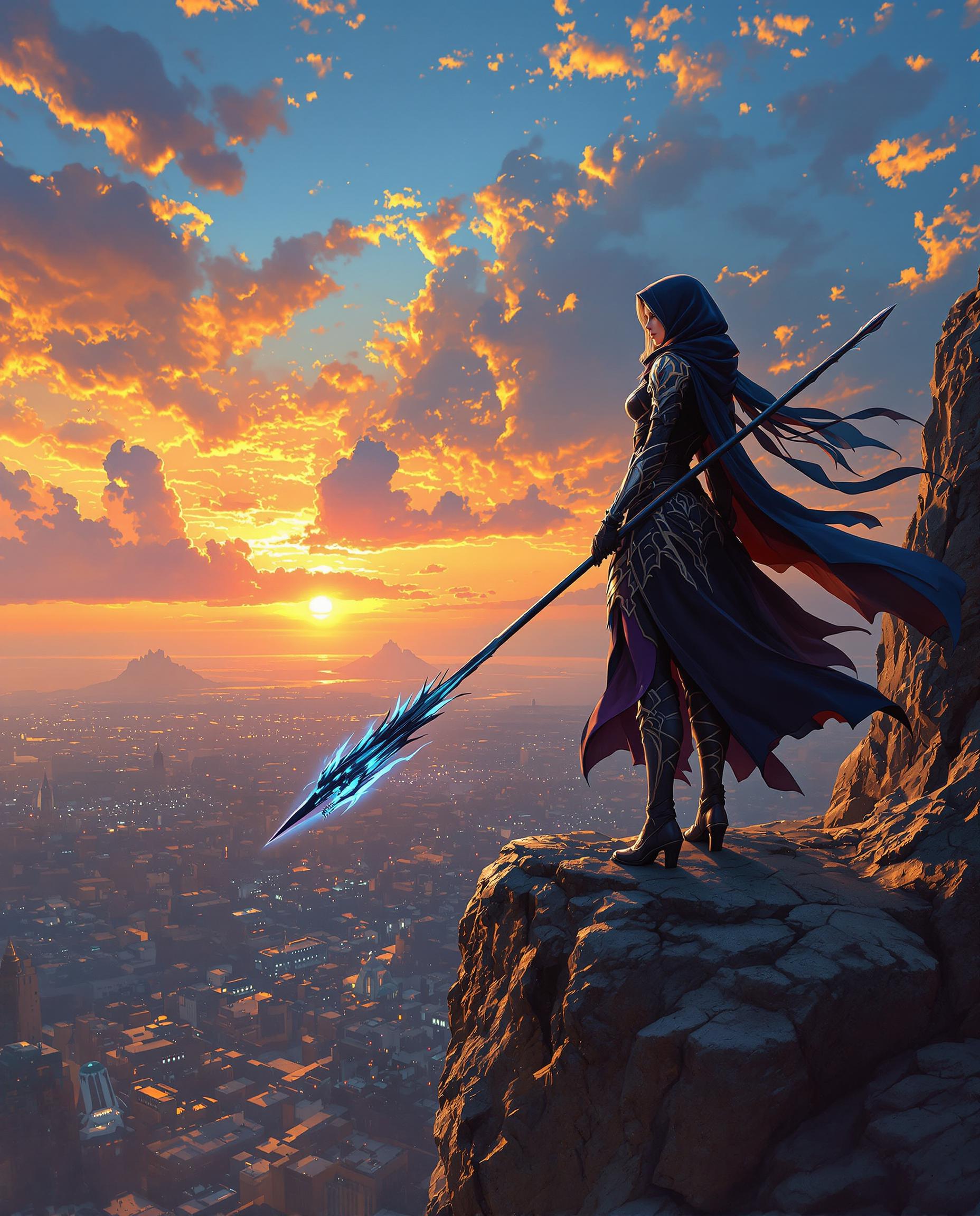 A breathtaking digital painting of a female figure standing atop a rugged, jagged cliff, overlooking a sprawling cityscape bathed in the warm glow of a vibrant sunset, with a sky transitioning from deep blue to fiery orange and scattered clouds illuminated by the setting sun. The figure, clad in a detailed black costume with blue and purple accents, intricate armor-like patterns, and a billowing hooded cloak, wields a long spear with a glowing blue dragon-headed tip, exuding both power and vulnerability. Captured with cinematic lighting, dramatic shadows, rich color gradation, and photorealistic detail, this scene evokes a fantasy or sci-fi epic in stunning 8K resolution.