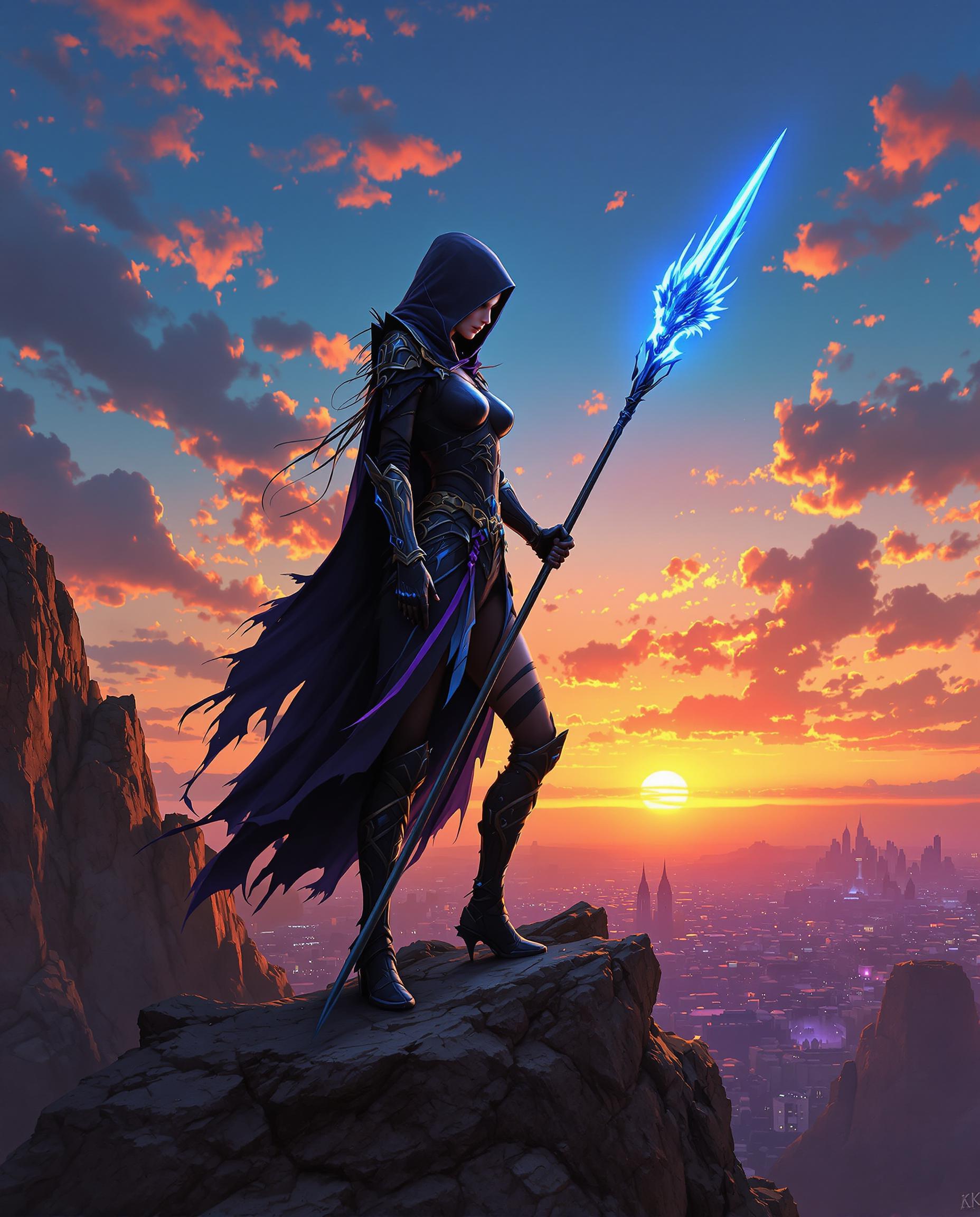 A breathtaking digital painting of a female figure standing atop a rugged, jagged cliff, their background is a sprawling cityscape bathed in the warm glow of a vibrant sunset, with a sky transitioning from deep blue to fiery orange and scattered clouds illuminated by the setting sun. The figure, clad in a detailed black costume with blue and purple accents, intricate armor-like patterns, and a billowing hooded cloak, wields a long spear with a glowing blue dragon-headed tip, exuding both power and vulnerability. Captured with cinematic lighting, dramatic shadows, rich color gradation, and photorealistic detail, this scene evokes a fantasy or sci-fi epic in stunning 8K resolution.