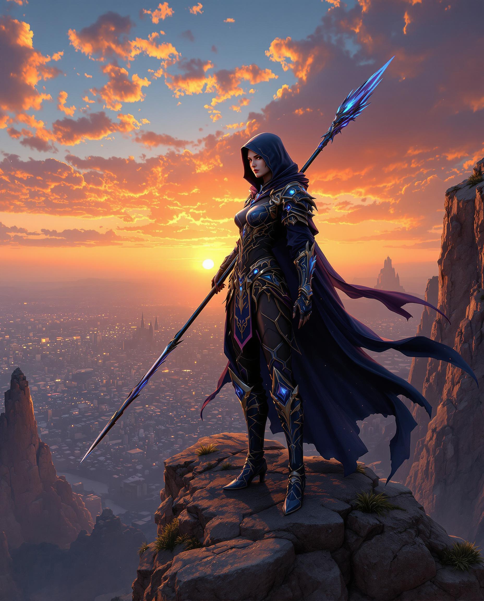 A breathtaking digital painting of a female figure standing atop a rugged, jagged cliff, their background is a sprawling cityscape bathed in the warm glow of a vibrant sunset, with a sky transitioning from deep blue to fiery orange and scattered clouds illuminated by the setting sun. The figure, clad in a detailed black costume with blue and purple accents, intricate armor-like patterns, and a billowing hooded cloak, wields a long spear with a glowing blue dragon-headed tip, exuding both power and vulnerability. Captured with cinematic lighting, dramatic shadows, rich color gradation, and photorealistic detail, this scene evokes a fantasy or sci-fi epic in stunning 8K resolution.