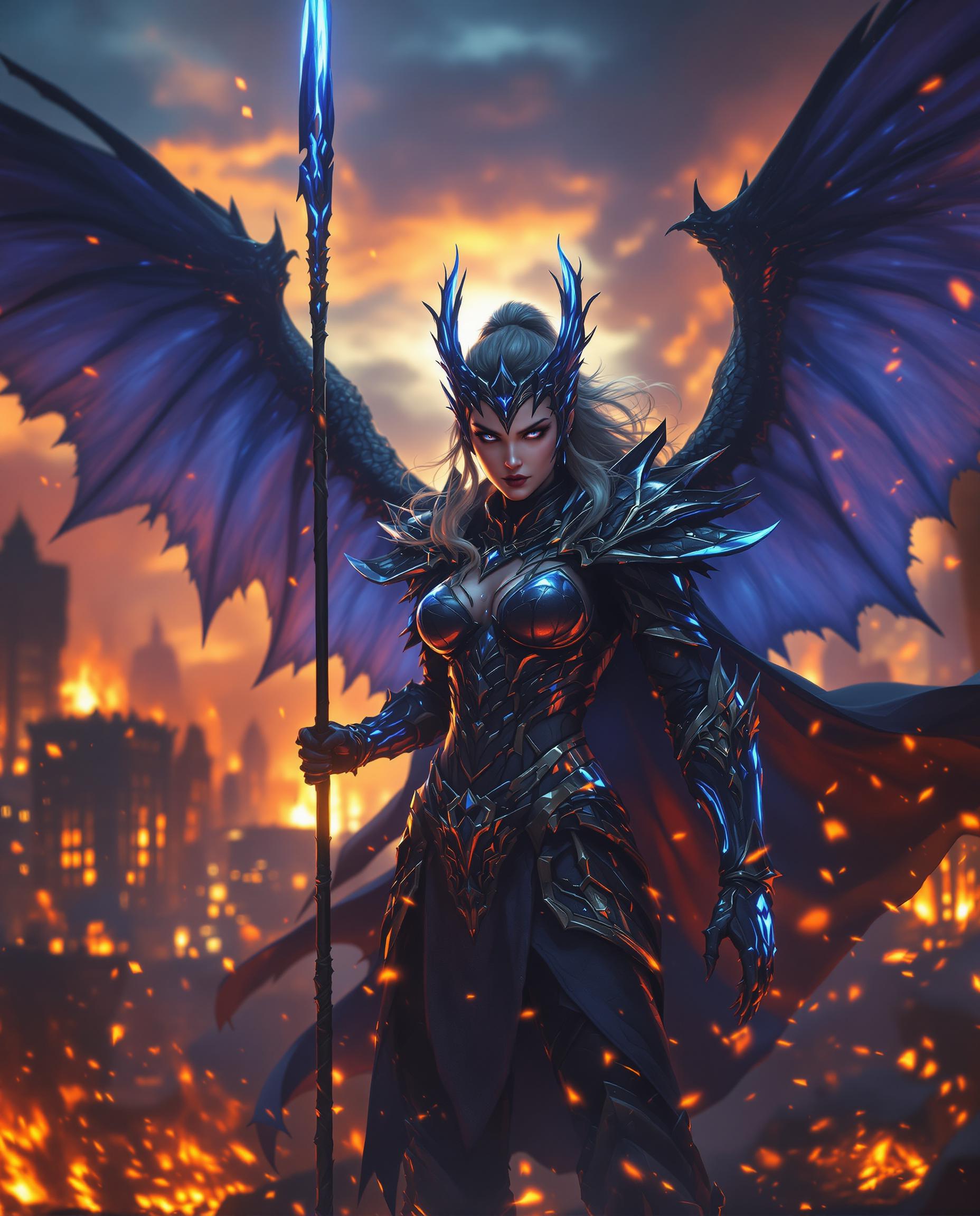 A striking close-up photograph of a fierce female warrior in a fantasy scene, captured with a DSLR camera using a 50mm lens for a shallow depth of field and 8K cinematic detail. She wears intricate dark armor with glowing blue accents, a billowing cloak, and dragon-like wings spread wide, wielding an ornate spear with a luminous blue tip amidst a burning cityscape at sunset, where fiery oranges and purples blend dynamically with cool tones, embers floating in the intense, chaotic atmosphere. Dramatic cinematic lighting enhances the mystique and power, contrasting the warm sunset glow with her cool, magical aura.
