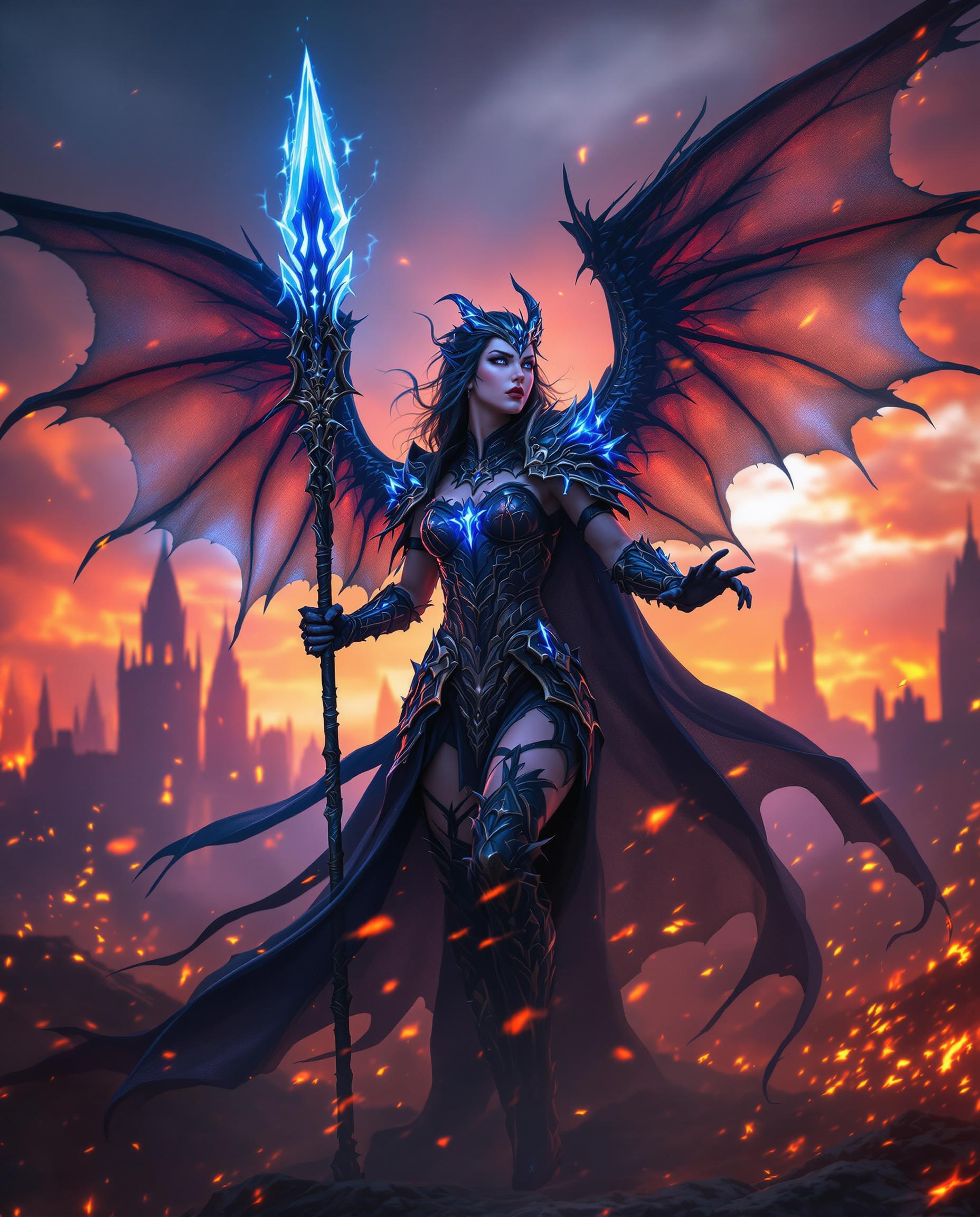 A striking close-up photograph of a fierce female warrior in a fantasy scene, captured with a DSLR camera using a 50mm lens for a shallow depth of field and 8K cinematic detail. She wears intricate dark armor with glowing blue accents, a billowing cloak, and dragon-like wings spread wide, wielding an ornate spear with a luminous blue tip amidst a burning cityscape at sunset, where fiery oranges and purples blend dynamically with cool tones, embers floating in the intense, chaotic atmosphere. Dramatic cinematic lighting enhances the mystique and power, contrasting the warm sunset glow with her cool, magical aura.