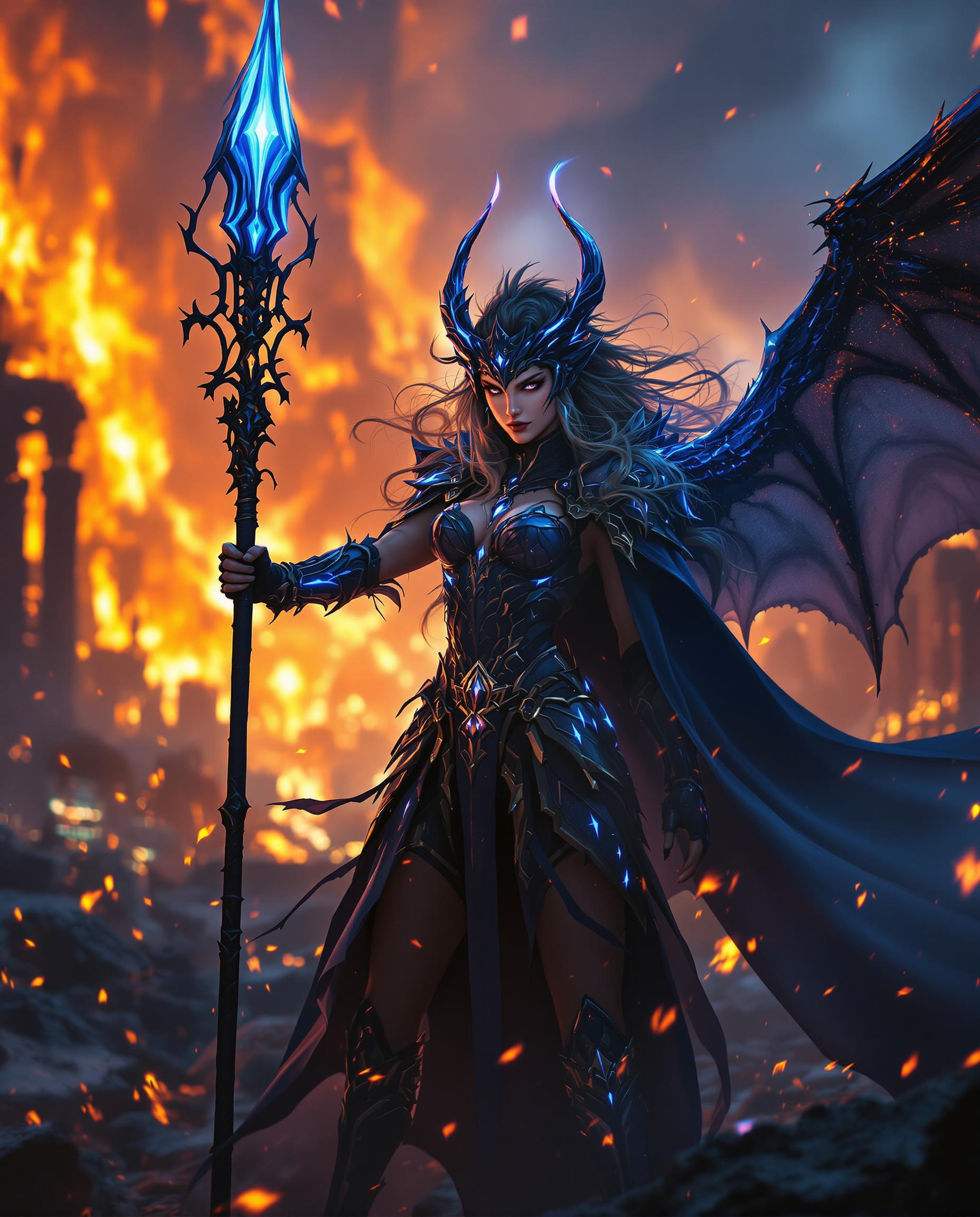 A striking close-up photograph of a fierce female warrior in a fantasy scene, captured with a DSLR camera using a 50mm lens for a shallow depth of field and 8K cinematic detail. She wears intricate dark armor with glowing blue accents, a billowing cloak, and dragon-like wings spread wide, wielding an ornate spear with a luminous blue tip amidst a burning cityscape at sunset, where fiery oranges and purples blend dynamically with cool tones, embers floating in the intense, chaotic atmosphere. Dramatic cinematic lighting enhances the mystique and power, contrasting the warm sunset glow with her cool, magical aura.