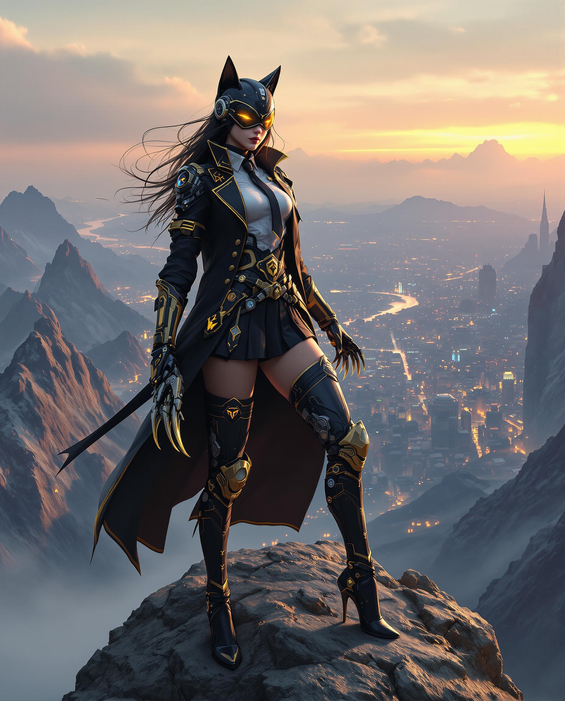 A hyper-realistic close-up digital painting of a fierce female cyberpunk character standing confidently atop a rugged mountain peak, with a sprawling cyberpunk city glowing in the distant background under a neon-lit dusk sky. She wears a futuristic black and gold uniform, including a long coat with golden trim, a white shirt with a badge, a black tie, and a pleated skirt adorned with intricate patches and emblems, paired with mechanical thigh-high boots featuring gold accents and high heels. Her sleek black helmet with catlike ears and a visor reflecting yellow light conceals her face, while long black hair flows beneath, and she wields a menacing mechanical claw weapon with sharp teeth and golden detailing on her right hand, set against a clean light-gray gradient background with soft, diffused lighting that highlights the outfit’s intricate cybernetic design in stunning 8K detail.