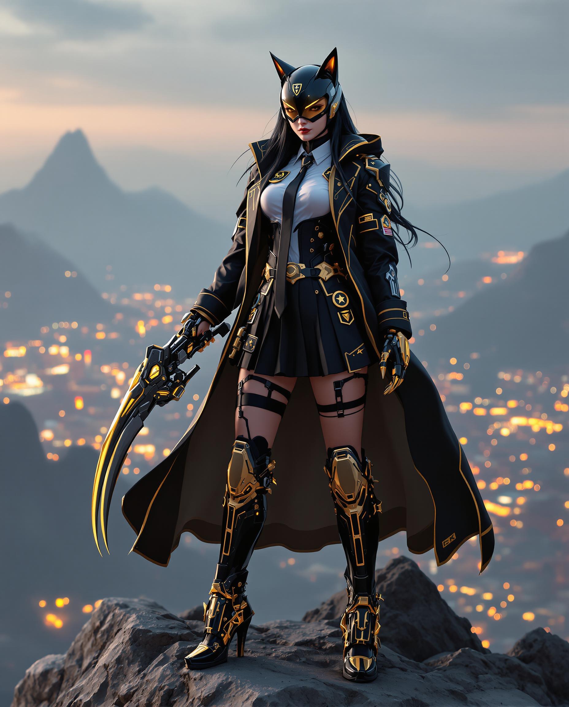 A hyper-realistic close-up digital painting of a fierce female cyberpunk character standing confidently atop a rugged mountain peak, with a sprawling cyberpunk city glowing in the distant background under a neon-lit dusk sky. She wears a futuristic black and gold uniform, including a long coat with golden trim, a white shirt with a badge, a black tie, and a pleated skirt adorned with intricate patches and emblems, paired with mechanical thigh-high boots featuring gold accents and high heels. Her sleek black helmet with catlike ears and a visor reflecting yellow light conceals her face, while long black hair flows beneath, and she wields a menacing mechanical claw weapon with sharp teeth and golden detailing on her right hand, set against a clean light-gray gradient background with soft, diffused lighting that highlights the outfit’s intricate cybernetic design in stunning 8K detail.