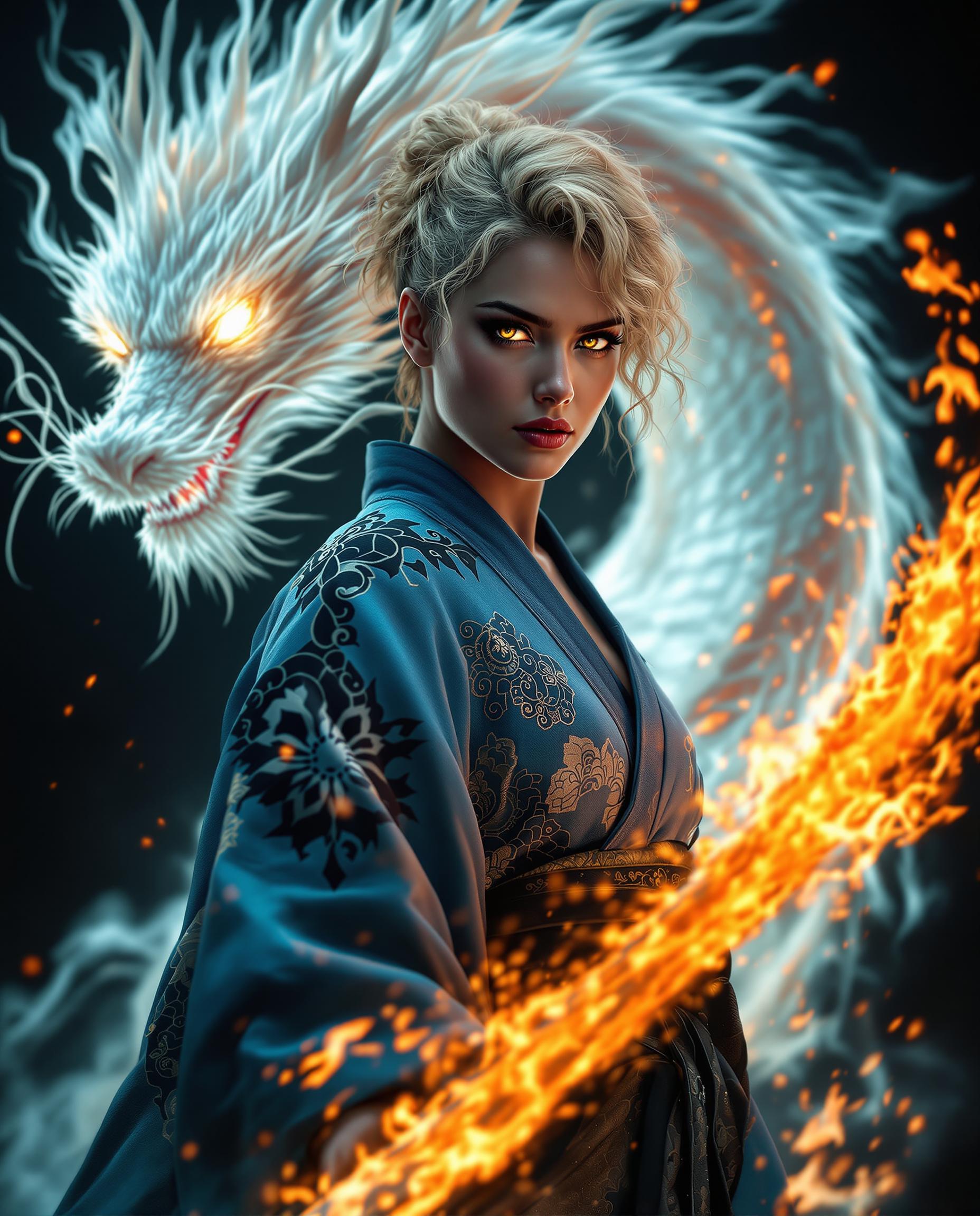 A stunning photorealistic portrait of a fierce female warrior, captured as if with a DSLR camera using a 50 mm lens, featuring shallow depth of field and cinematic lighting in 8K detail. She stands as the central figure with short, curly light blonde hair and piercing yellow eyes, clad in a flowing blue kimono with intricate black and white patterns, contrasted against a dark, near-black background. Behind her, a translucent white dragon of ethereal flames looms with glowing eyes, while she wields a blazing sword with brilliant orange, yellow, and red fire, creating a dynamic interplay of warm and cool tones under dramatic, shadowy illumination.