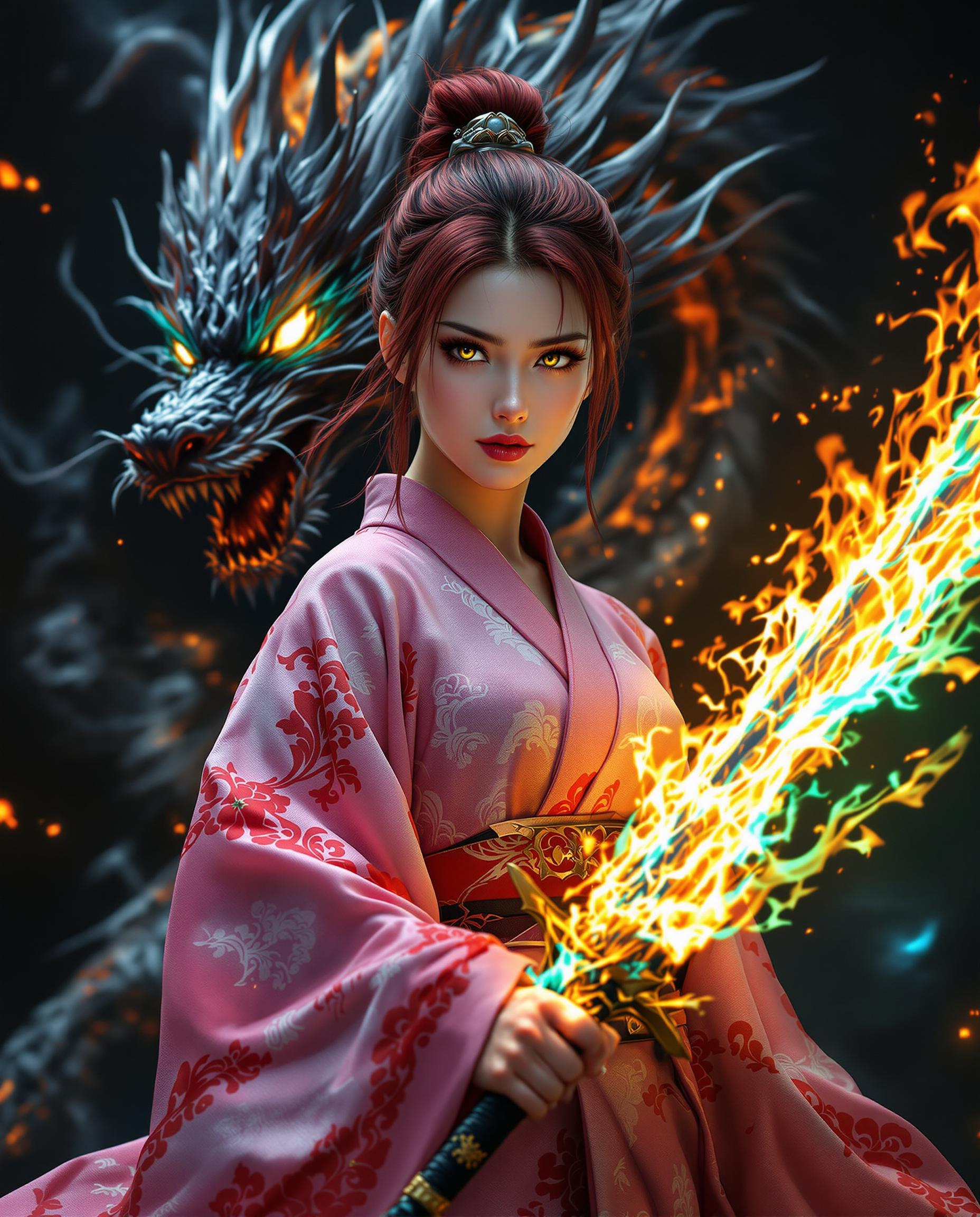 A stunning photorealistic portrait of a fierce female warrior, captured as if with a DSLR camera using a 50 mm lens, featuring shallow depth of field and cinematic lighting in 8K detail. She stands as the central figure with short, unsymmetrical dark red hair and piercing yellow eyes, clad in a flowing pink kimono with intricate red and white patterns, contrasted against a dark, near-black background. Behind her, a translucent black dragon of ethereal flames looms with glowing eyes, while she wields a blazing sword with brilliant green, yellow, and blue fire, creating a dynamic interplay of warm and cool tones under dramatic, shadowy illumination.