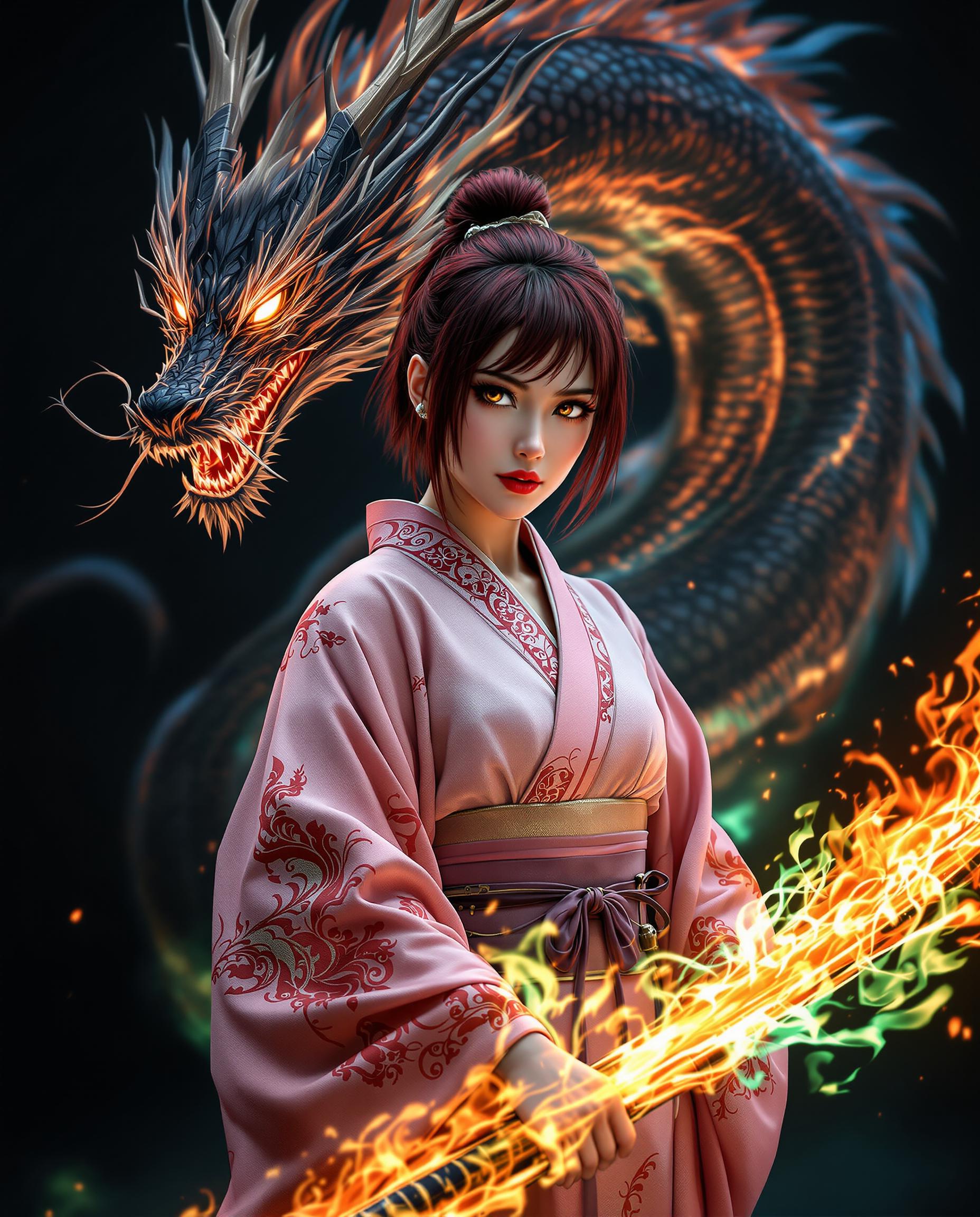 A stunning photorealistic portrait of a fierce female warrior, captured as if with a DSLR camera using a 50 mm lens, featuring shallow depth of field and cinematic lighting in 8K detail. She stands as the central figure with short, unsymmetrical dark red hair and piercing yellow eyes, clad in a flowing pink kimono with intricate red and white patterns, contrasted against a dark, near-black background. Behind her, a translucent black dragon of ethereal flames looms with glowing eyes, while she wields a blazing sword with brilliant green, yellow, and blue fire, creating a dynamic interplay of warm and cool tones under dramatic, shadowy illumination.