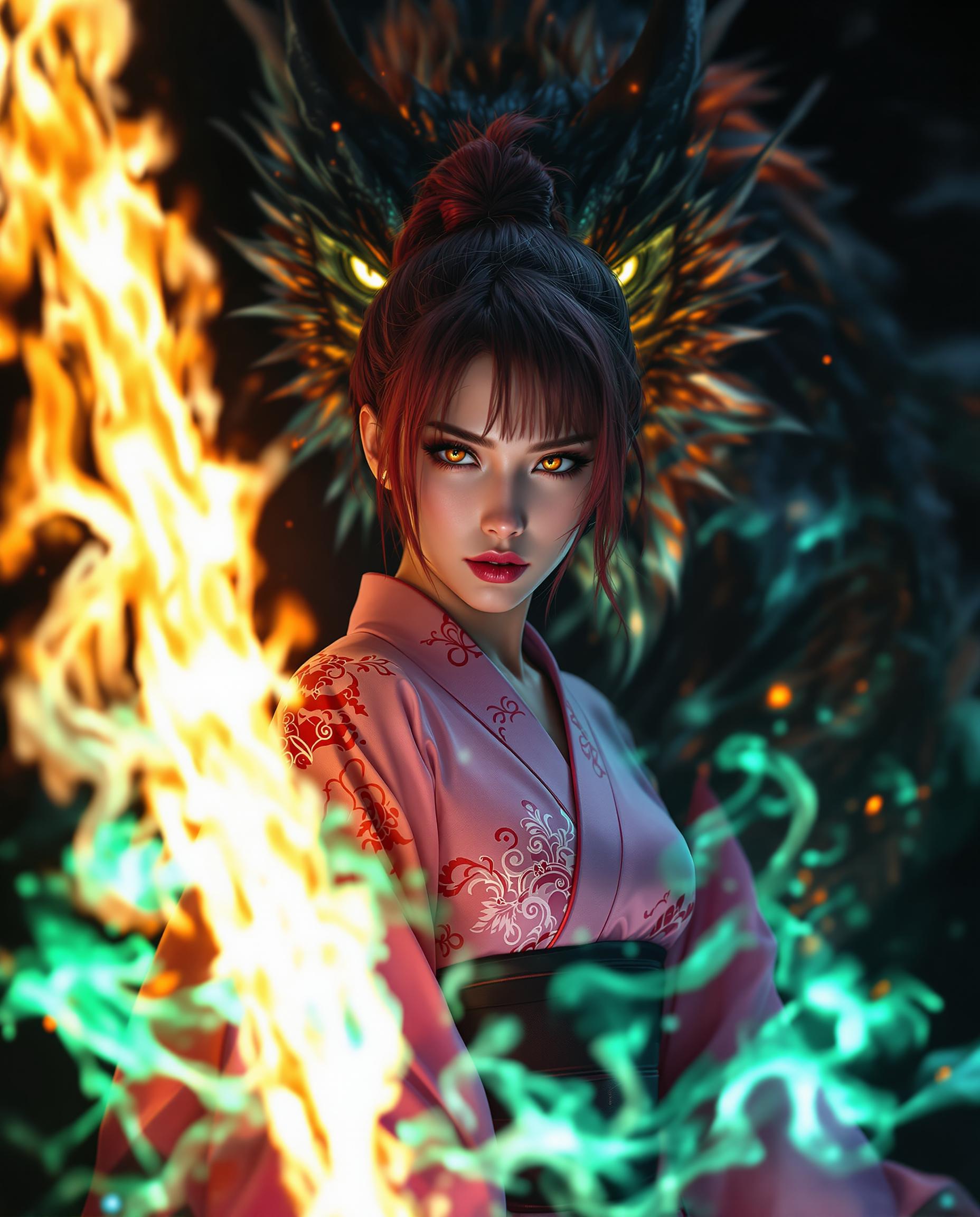 A stunning photorealistic portrait of a fierce female warrior, captured as if with a DSLR camera using a 50 mm lens, featuring shallow depth of field and cinematic lighting in 8K detail. She stands as the central figure with short, unsymmetrical dark red hair and piercing yellow eyes, clad in a flowing pink kimono with intricate red and white patterns, contrasted against a dark, near-black background. Behind her, a translucent black dragon of ethereal flames looms with glowing eyes, while she wields a blazing sword with brilliant green, yellow, and blue fire, creating a dynamic interplay of warm and cool tones under dramatic, shadowy illumination.