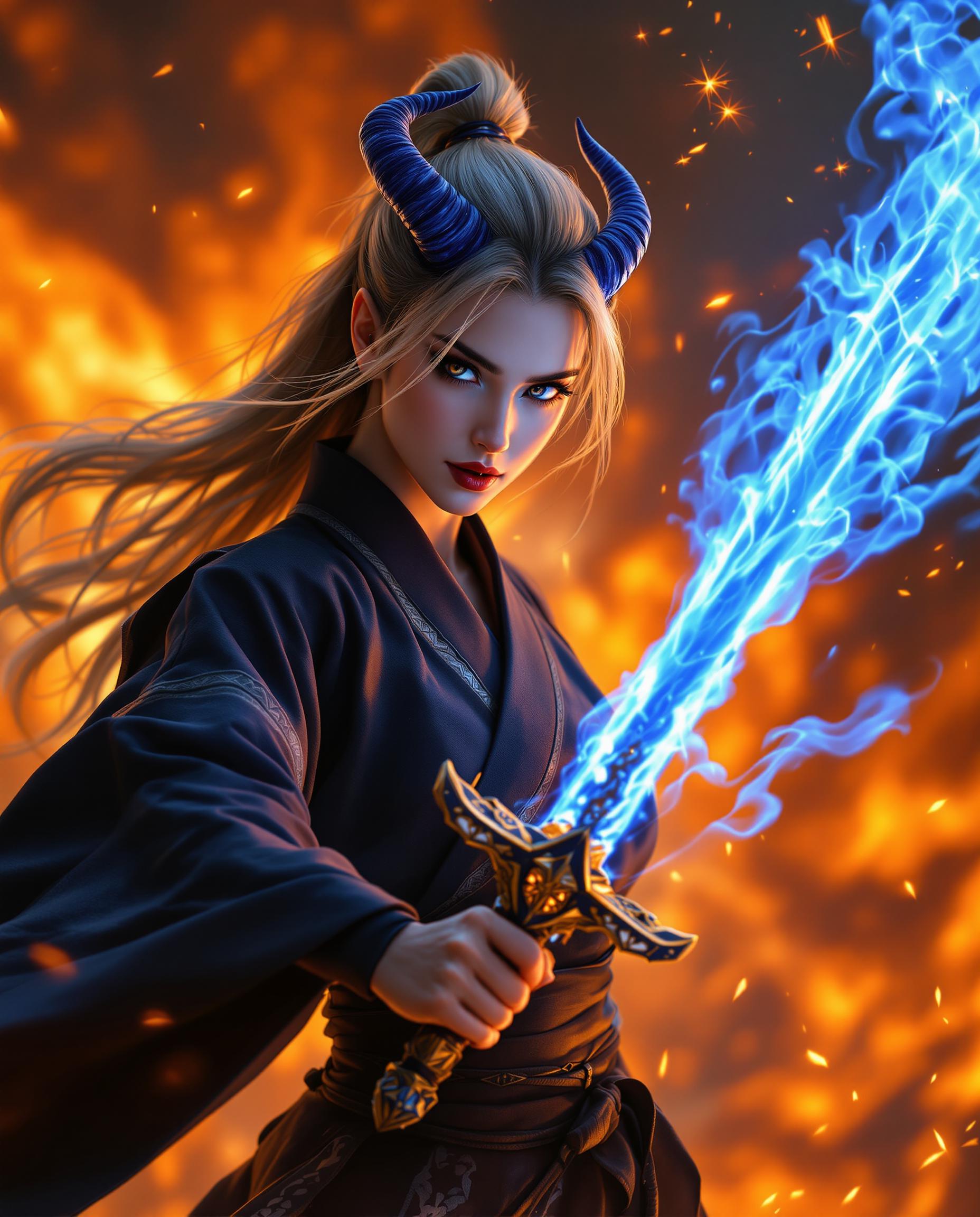 A stunning, photorealistic DSLR photo captures a fierce female warrior in a dynamic, dramatic pose against a fiery inferno backdrop of swirling orange, red, and yellow hues, with sparks and embers dancing in the air. Her long, flowing hair transitions from light blonde to dark, crowned by striking blue horns, while she wears a deep navy or black Japanese kimono with intricate details, a high collar, wide sleeves, and a cinched black obi, illuminated by cinematic lighting in 8K detail. She wields a sword engulfed in swirling blue flames, its translucent hilt ornament casting a mystical glow, contrasting vividly with the chaotic, warm-toned background, exuding power and otherworldly mystique with a shallow depth of field from a 50mm lens.