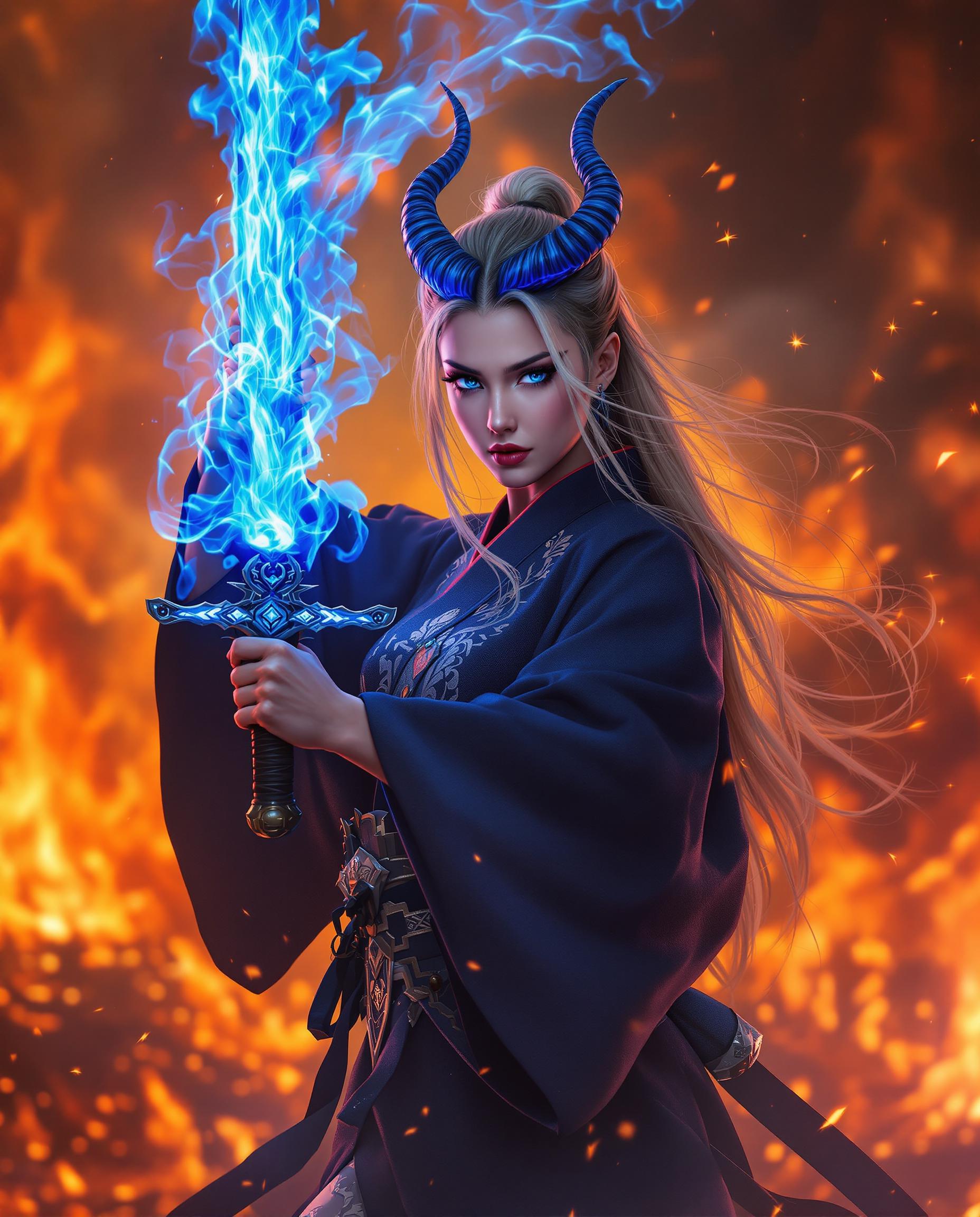 A stunning, photorealistic DSLR photo captures a fierce female warrior in a dynamic, dramatic pose against a fiery inferno backdrop of swirling orange, red, and yellow hues, with sparks and embers dancing in the air. Her long, flowing hair transitions from light blonde to dark, crowned by striking blue horns, while she wears a deep navy or black Japanese kimono with intricate details, a high collar, wide sleeves, and a cinched black obi, illuminated by cinematic lighting in 8K detail. She wields a sword engulfed in swirling blue flames, its translucent hilt ornament casting a mystical glow, contrasting vividly with the chaotic, warm-toned background, exuding power and otherworldly mystique with a shallow depth of field from a 50mm lens.